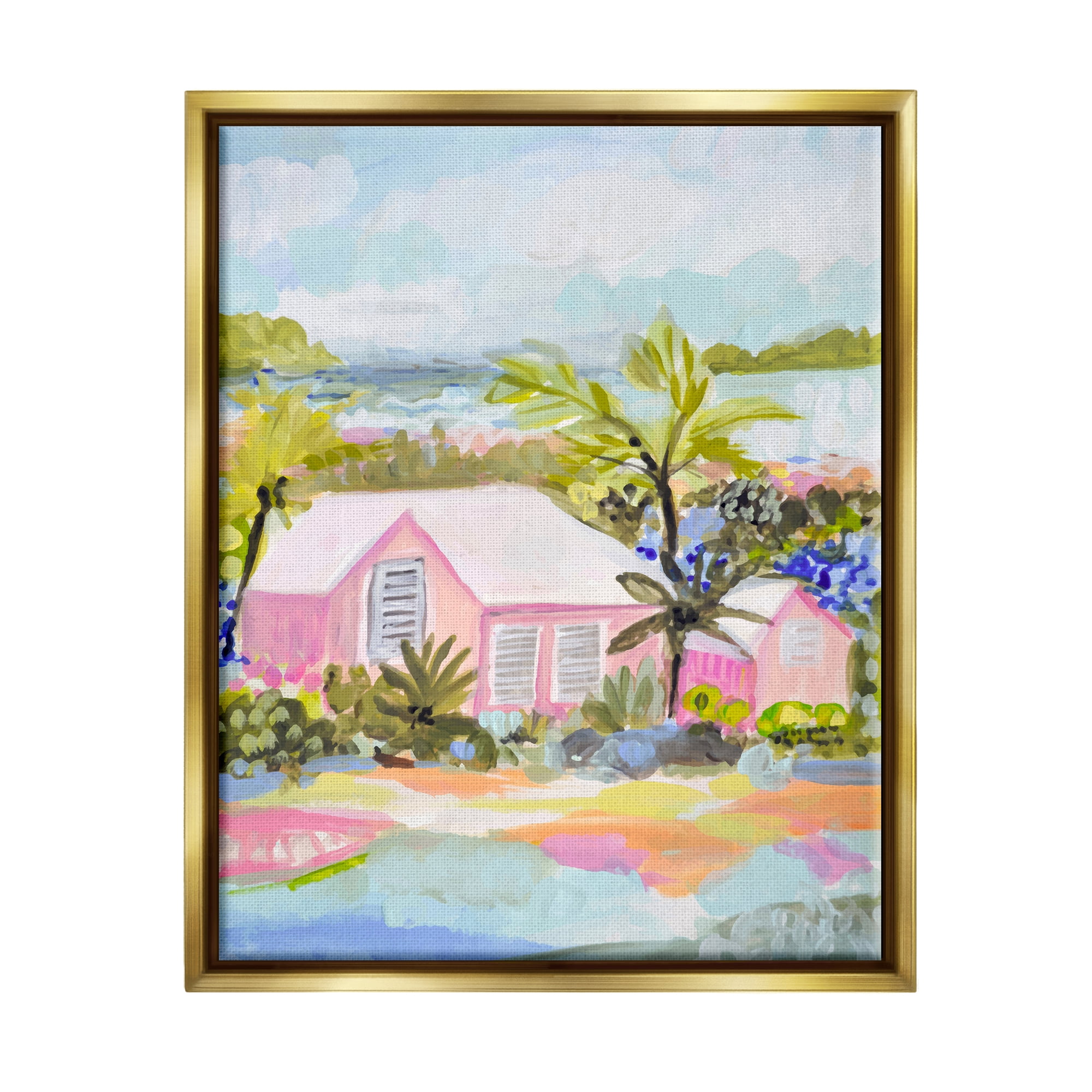 Stupell Industries Pink Tropical Cottage Landscape Painting Gold Floater Framed Canvas Art Print Wall Art, 25 x 31