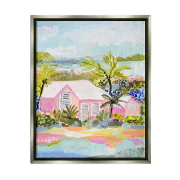 Stupell Industries Pink Tropical Cottage Landscape Painting Gray Floater Framed Canvas Art Print Wall Art, 25 x 31