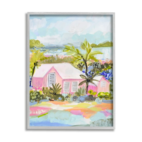 Stupell Industries Pink Tropical Cottage Landscape Painting Gray Framed Art Print Wall Art, 11 x 14