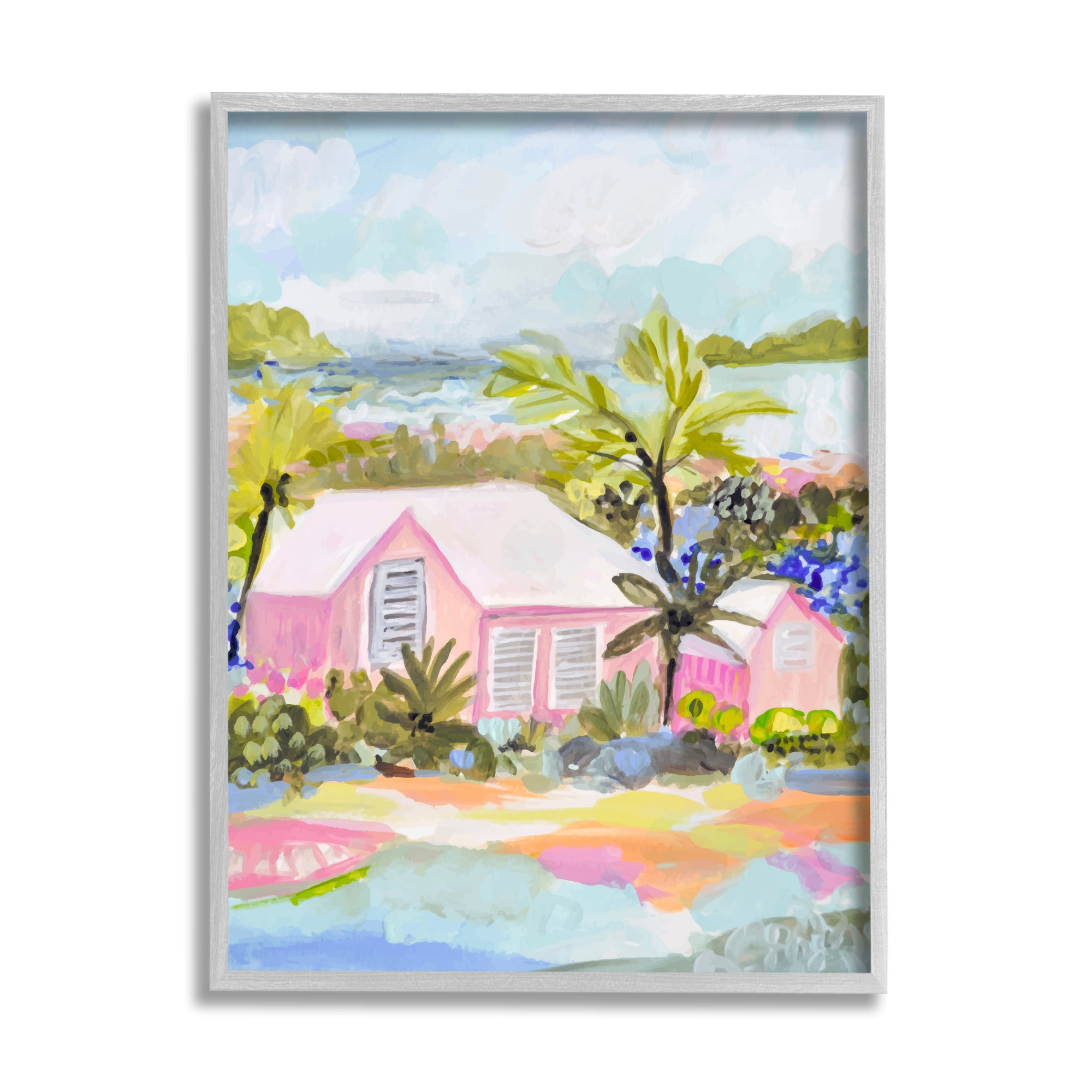 Stupell Industries Pink Tropical Cottage Landscape Painting Gray Framed Art Print Wall Art, 24 x 30