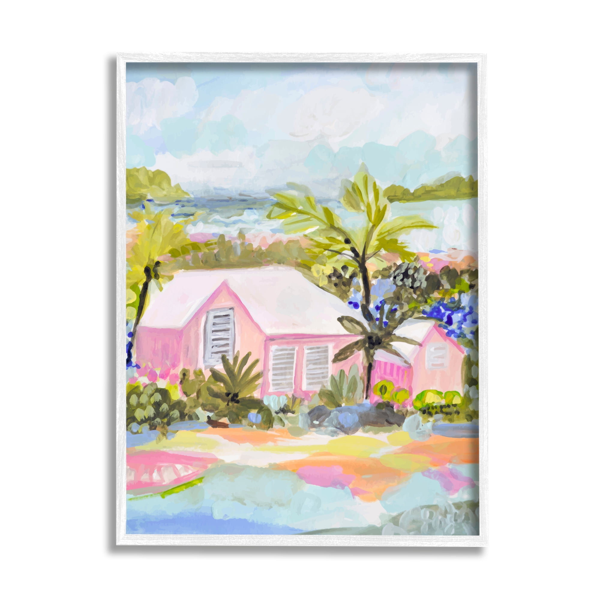 Stupell Industries Pink Tropical Cottage Landscape Painting White Framed Art Print Wall Art, 11 x 14