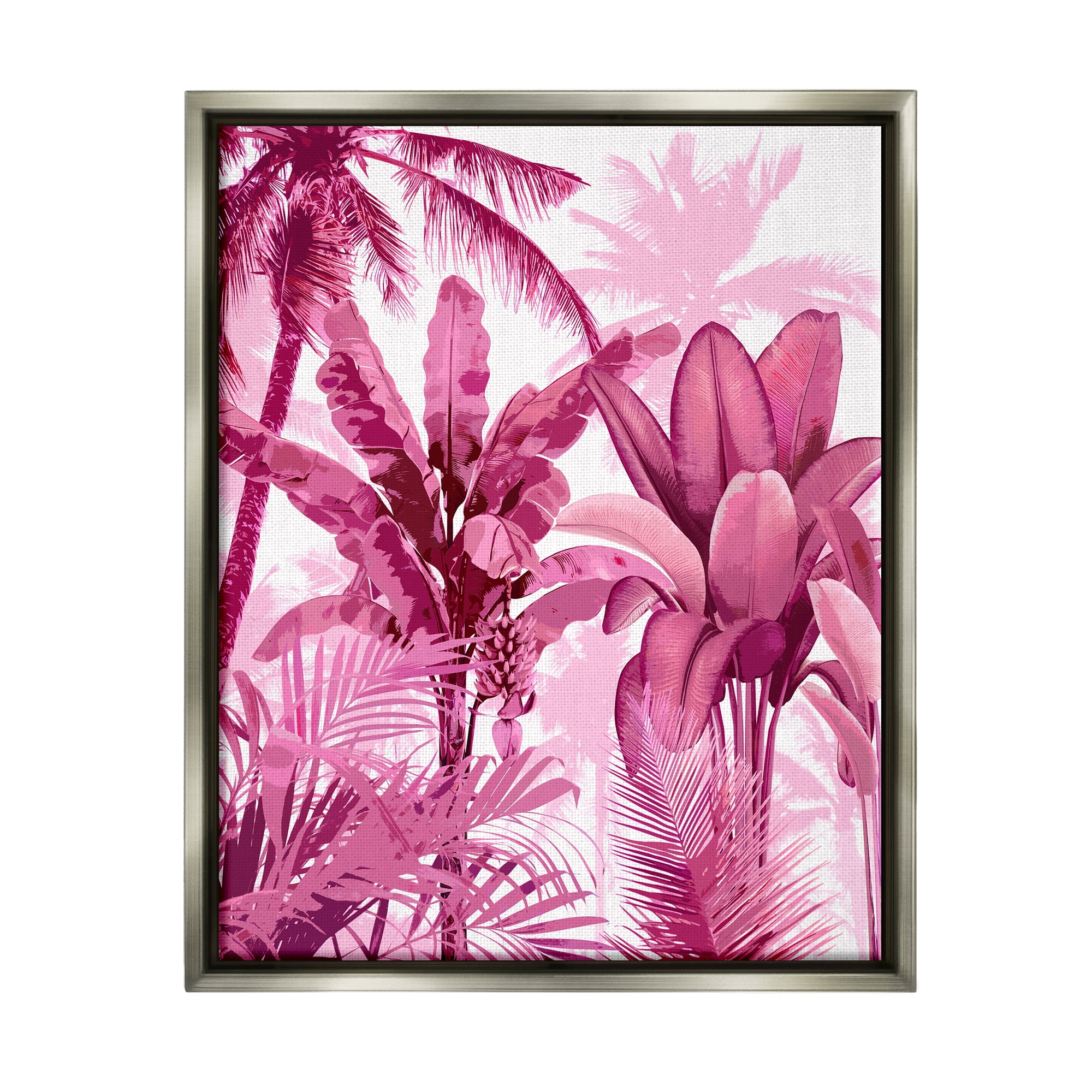 Stupell Industries Pink Tropical Palm Leaves Botanical & Floral Painting Gray Floater Framed Canvas Art Print Wall Art, 25 x 31