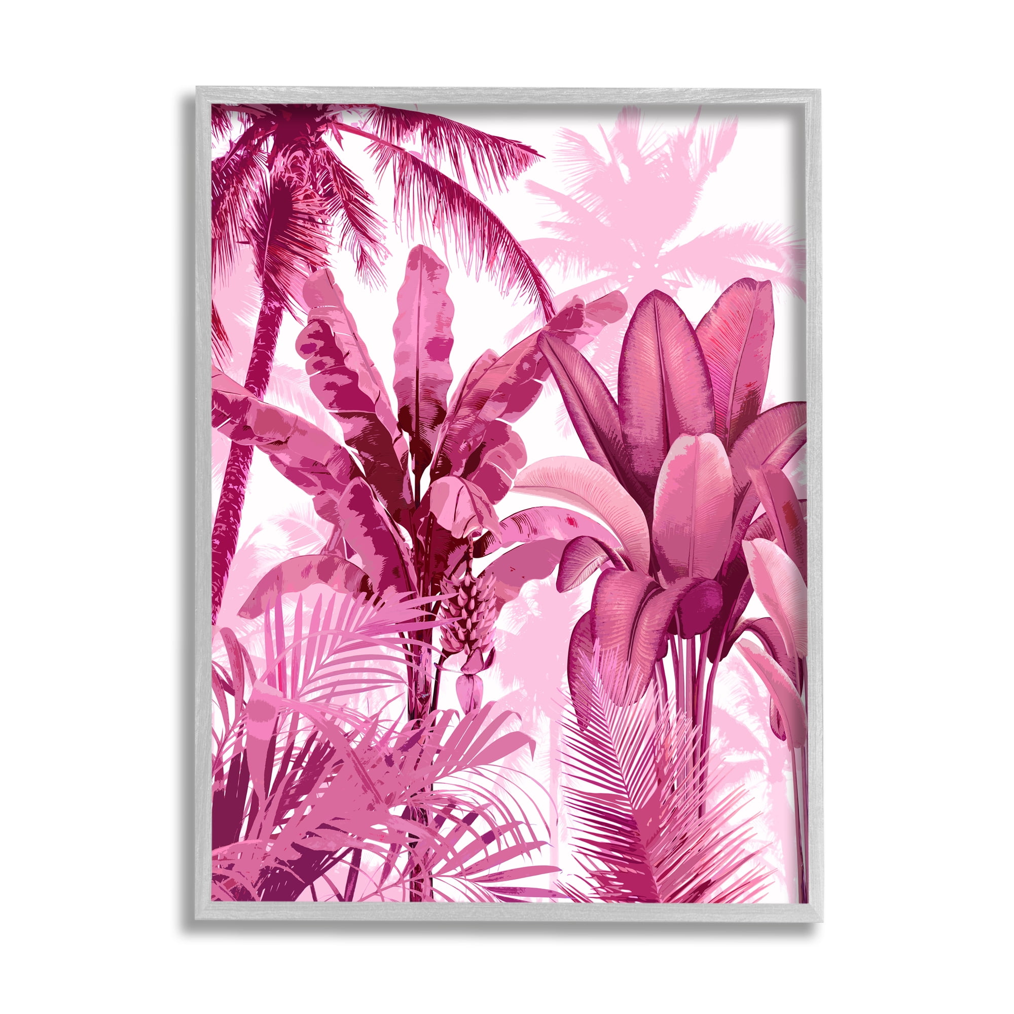 Pink Tropical Palm Leaves Print on Canvas with Gray Frame