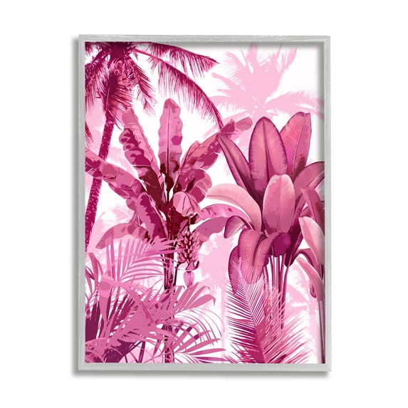 Stupell Industries Pink Tropical Palm Leaves Botanical & Floral Painting Gray Framed Art Print Wall Art, 16 x 20