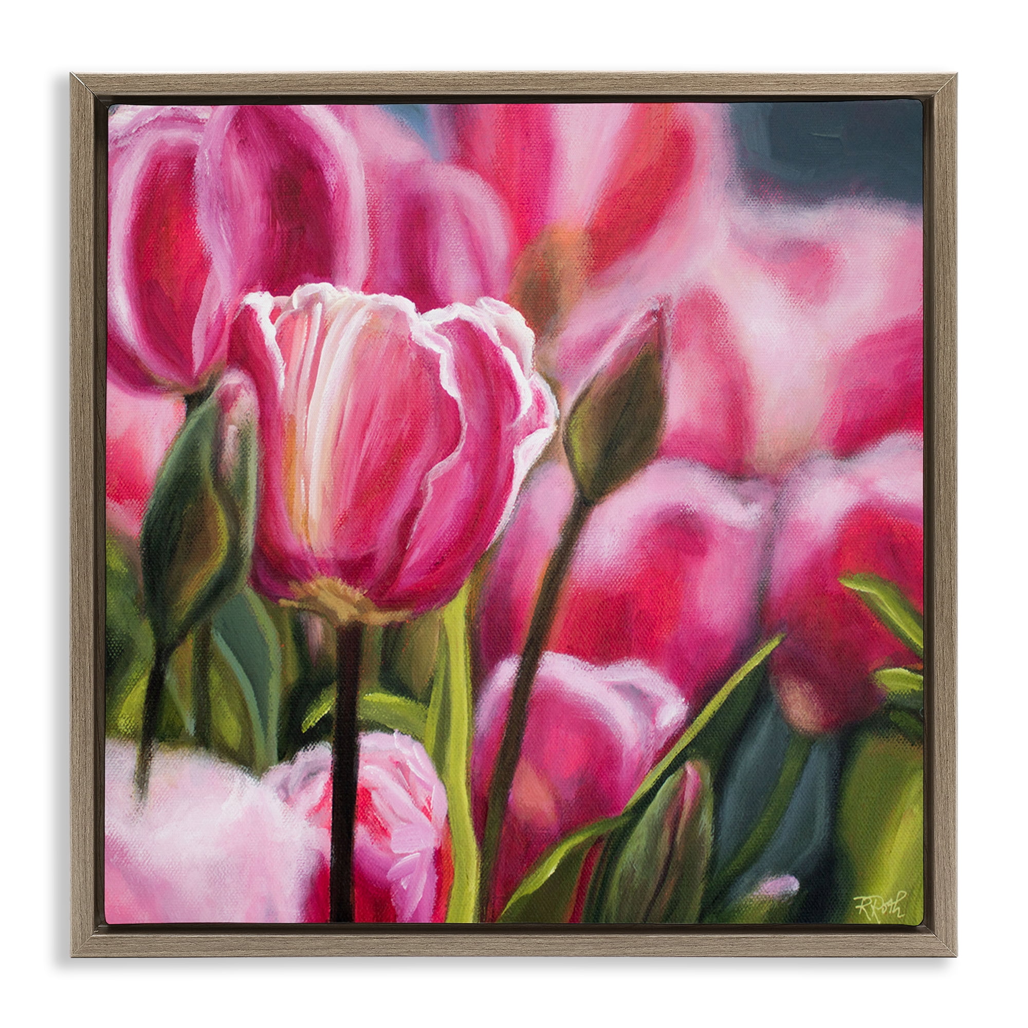 Stupell Industries Pink Tulips Garden Plants & Flowers Painting Brown Floater Framed Canvas Art Print Wall Art, 18 x 18