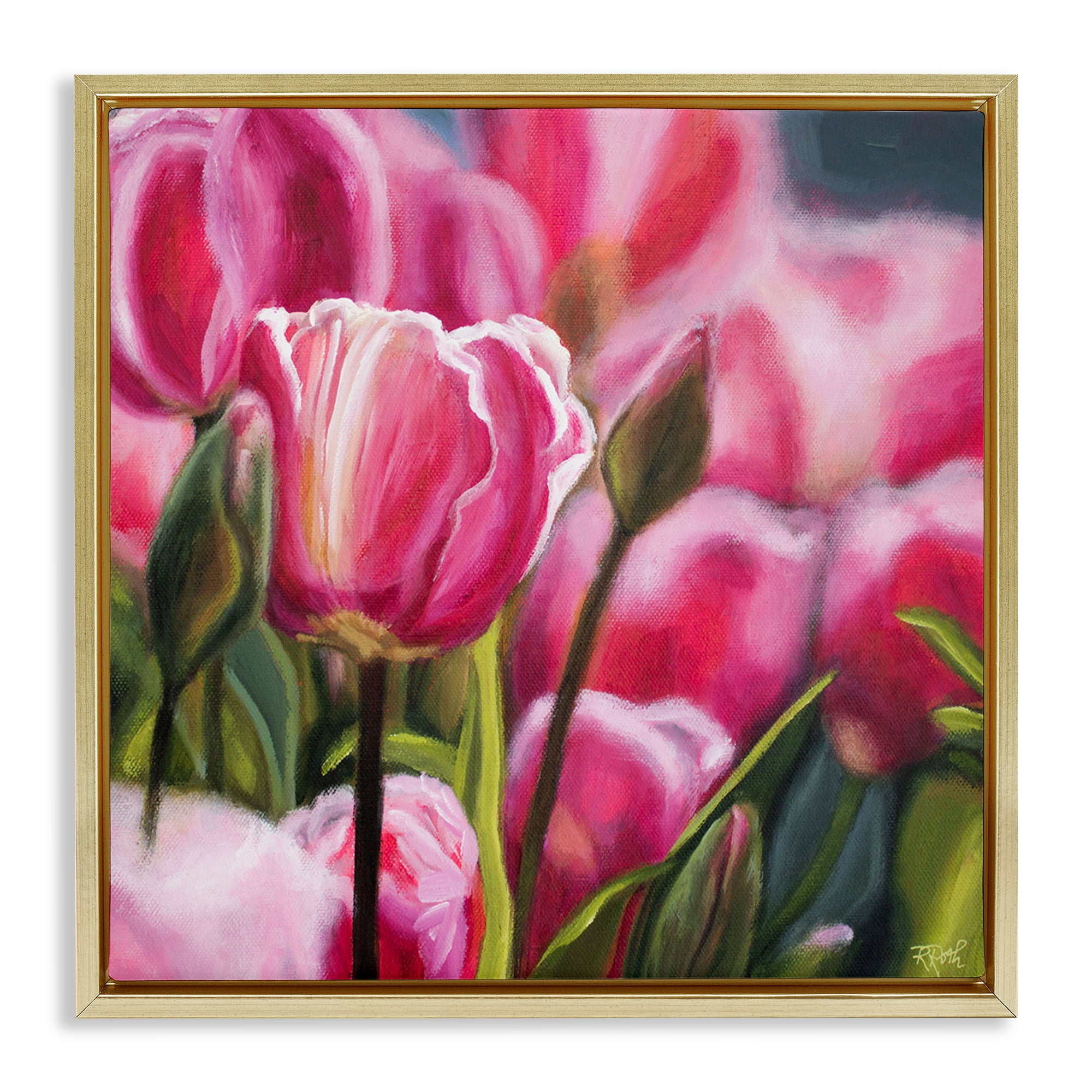 Stupell Industries Pink Tulips Garden Plants & Flowers Painting Gold Floater Framed Canvas Art Print Wall Art, 18 x 18