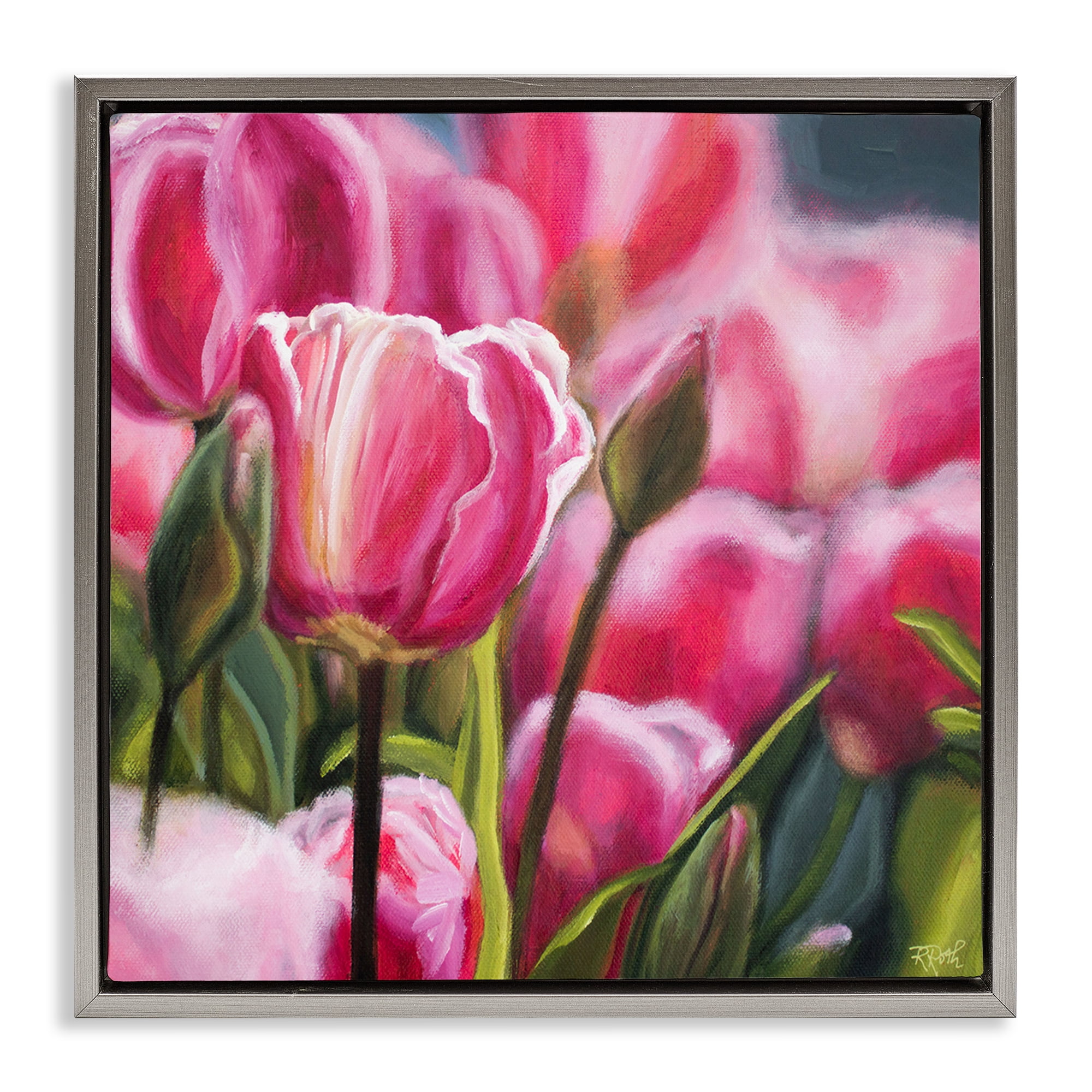 Stupell Industries Pink Tulips Garden Plants & Flowers Painting Gray Floater Framed Canvas Art Print Wall Art, 25 x 25