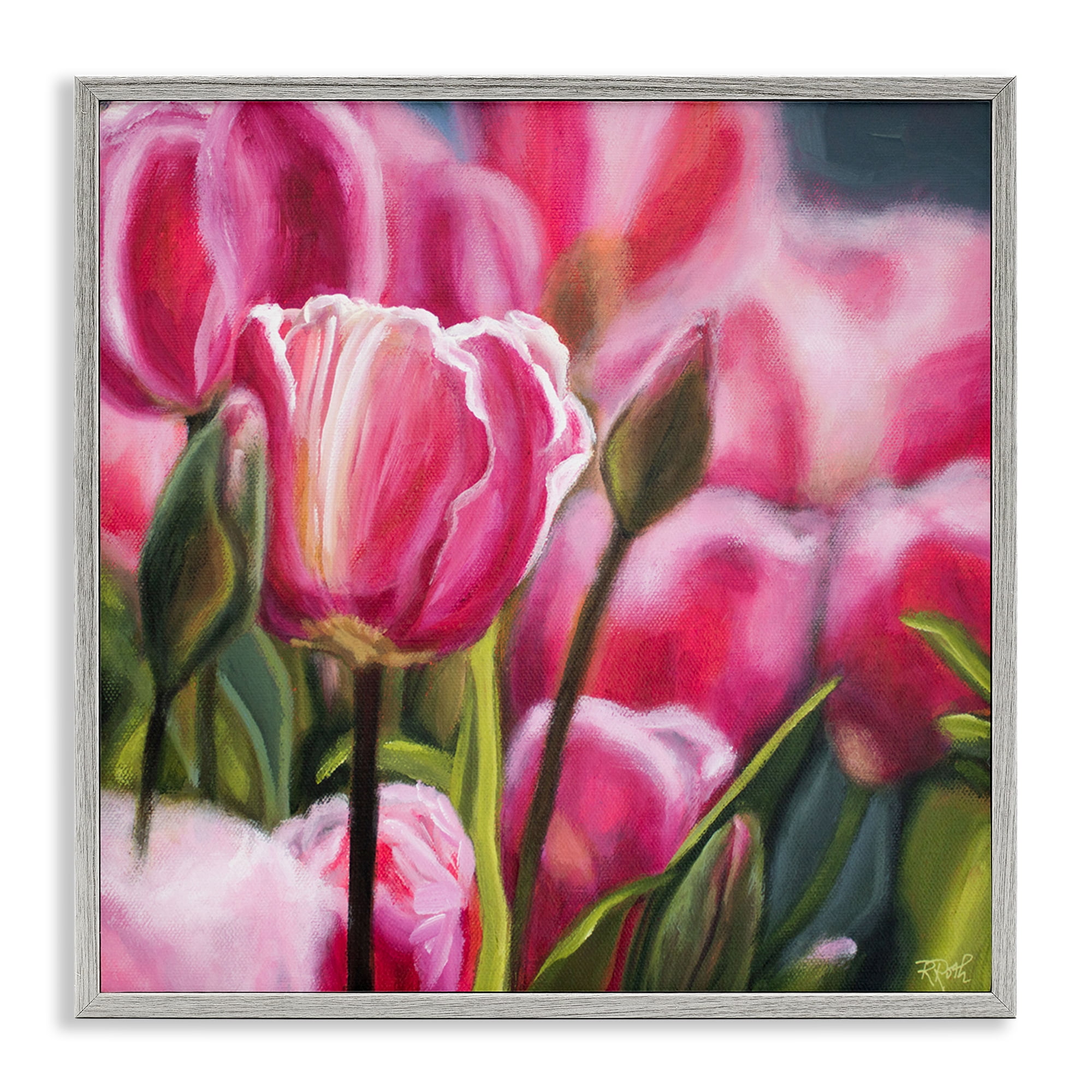 Stupell Industries Pink Tulips Garden Plants & Flowers Painting Gray Framed Art Print Wall Art, 17 x 17