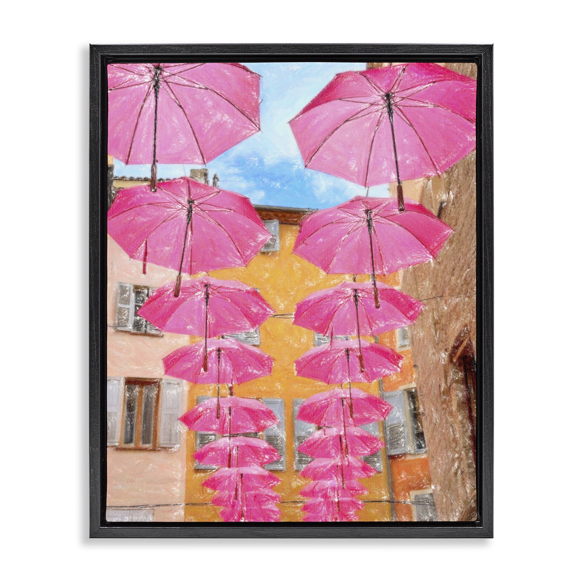 Stupell Industries Pink Umbrellas in Town Buildings & Architecture Painting Black Floater Framed Canvas Art Print Wall Art, 25 x 31
