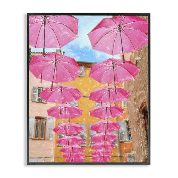 Stupell Industries Pink Umbrellas in Town Buildings & Architecture Painting Black Framed Art Print Wall Art, 11 x 14