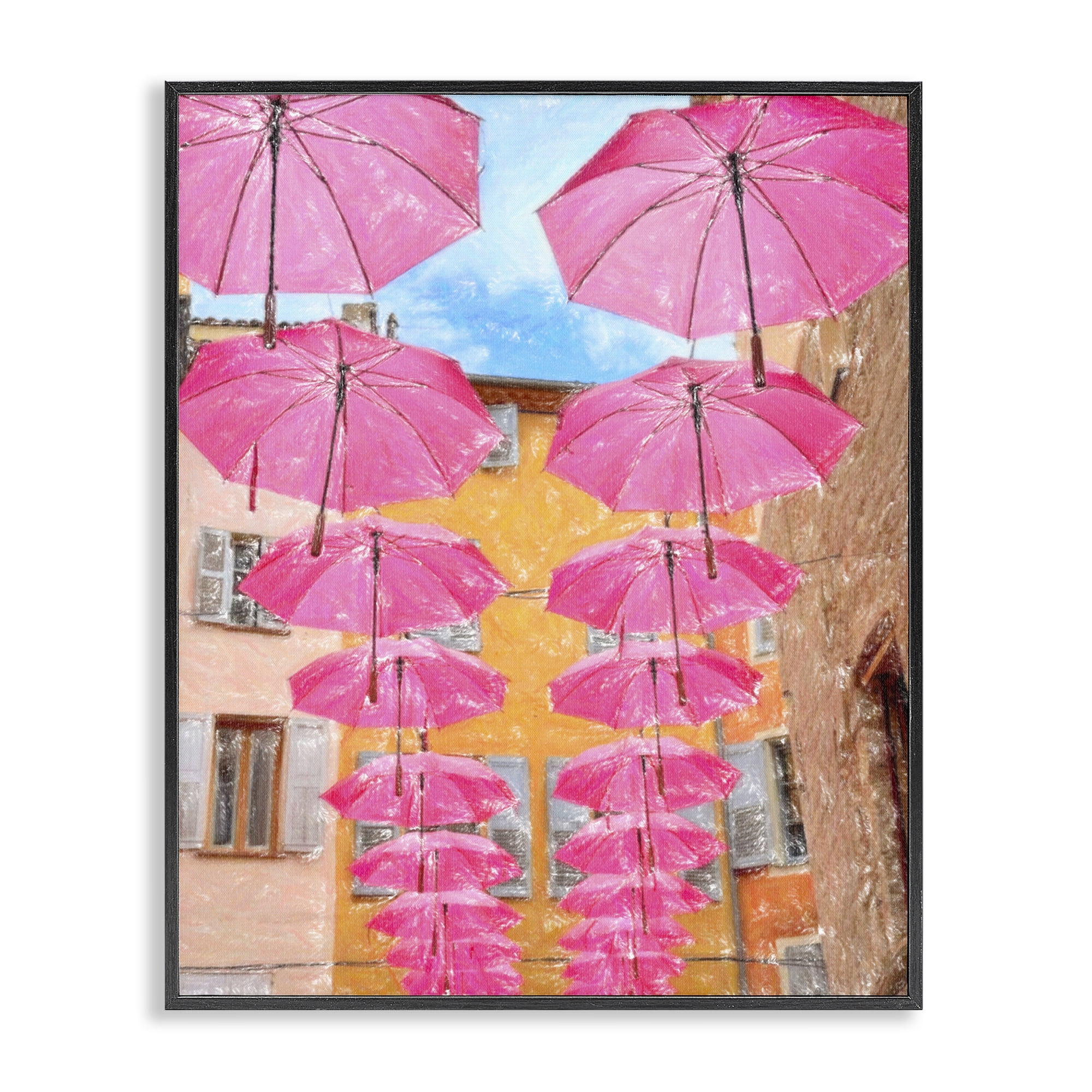 Stupell Industries Pink Umbrellas in Town Buildings & Architecture Painting Black Framed Art Print Wall Art, 16 x 20