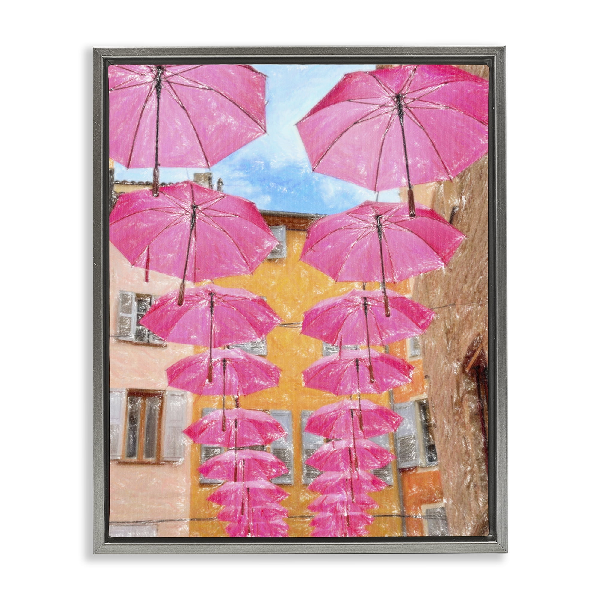 Stupell Industries Pink Umbrellas in Town Buildings & Architecture Painting Gray Floater Framed Canvas Art Print Wall Art, 17 x 21