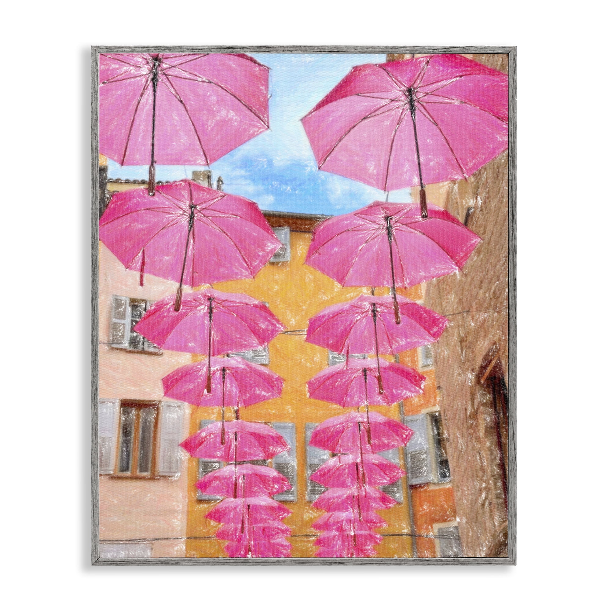 Stupell Industries Pink Umbrellas in Town Buildings & Architecture Painting Gray Framed Art Print Wall Art, 16 x 20