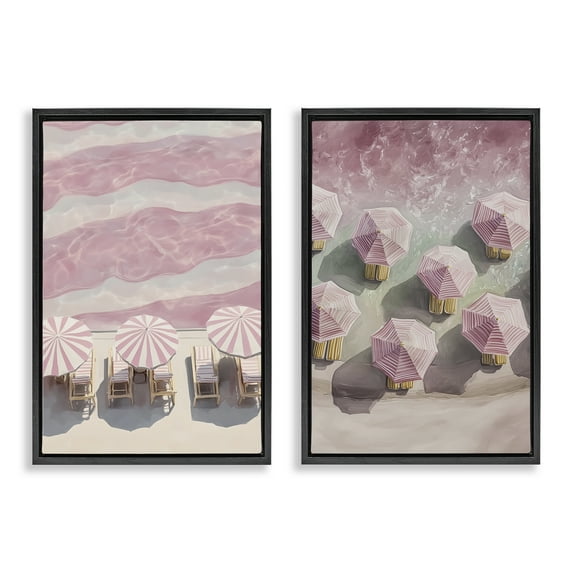 Stupell Industries Pink Umbrellas on Beach 2 Piece Black Framed Floater Canvas Set design by Annabelle Hall, 25 x 17