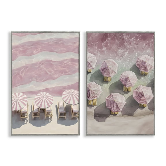 Stupell Industries Pink Umbrellas on Beach 2 Piece Gray Framed Giclee Art Set design by Annabelle Hall, 30 x 20