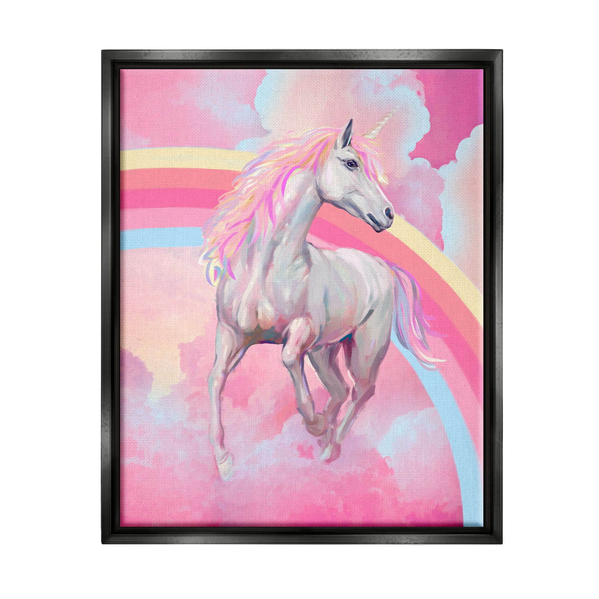 Stupell Industries Pink Unicorn & Clouds Fairy Tales & Fantasy Painting Black Floater Framed Canvas Art Print Wall Art, 17 x 21