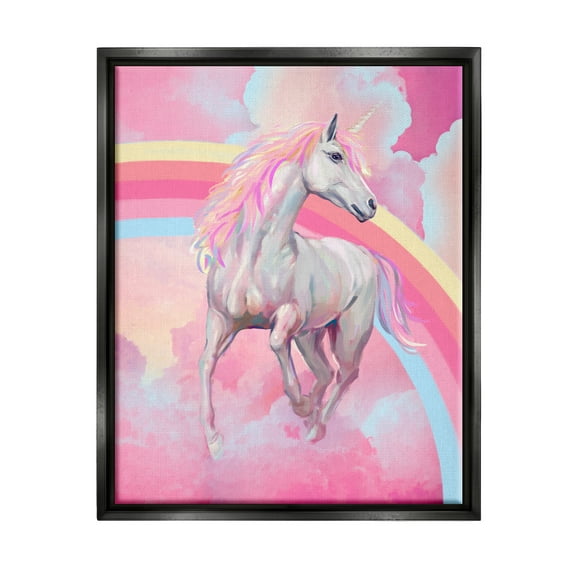 Stupell Industries Pink Unicorn & Clouds Fairy Tales & Fantasy Painting Black Floater Framed Canvas Art Print Wall Art, 17 x 21