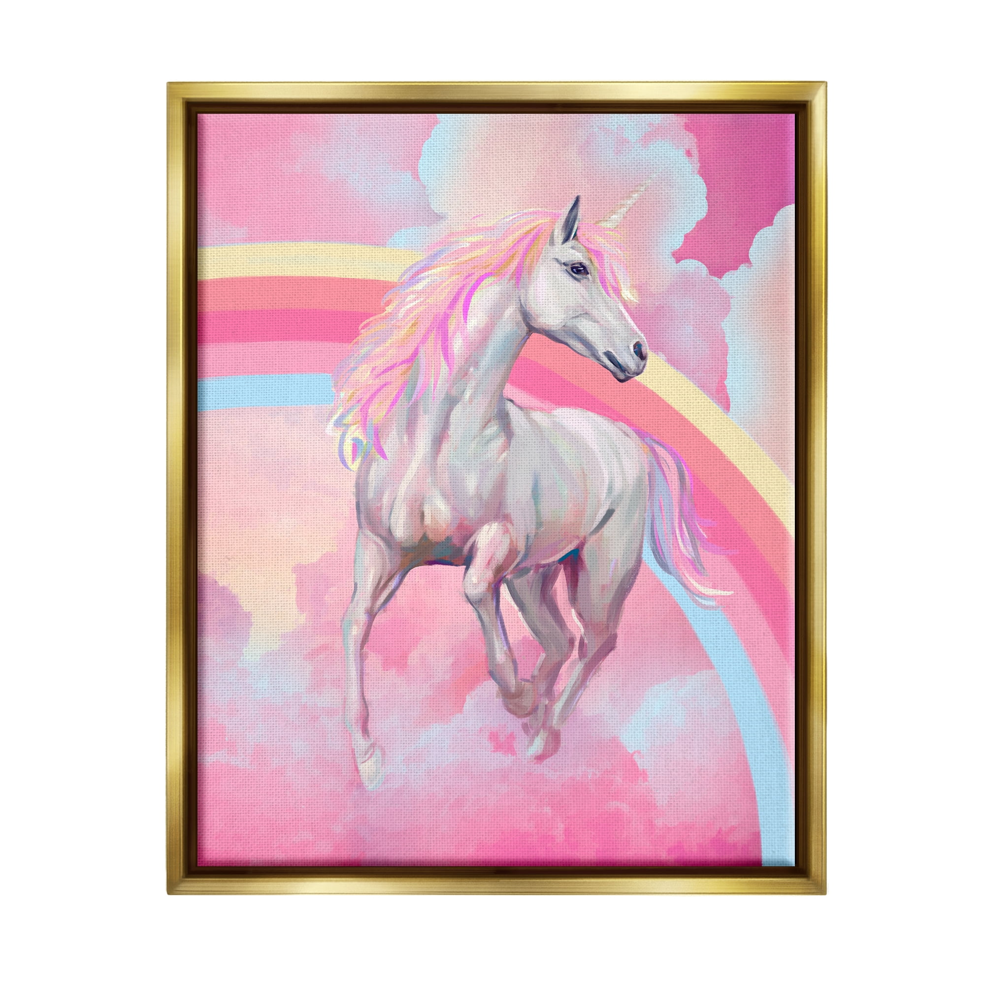 Stupell Industries Pink Unicorn & Clouds Fairy Tales & Fantasy Painting Gold Floater Framed Canvas Art Print Wall Art, 17 x 21