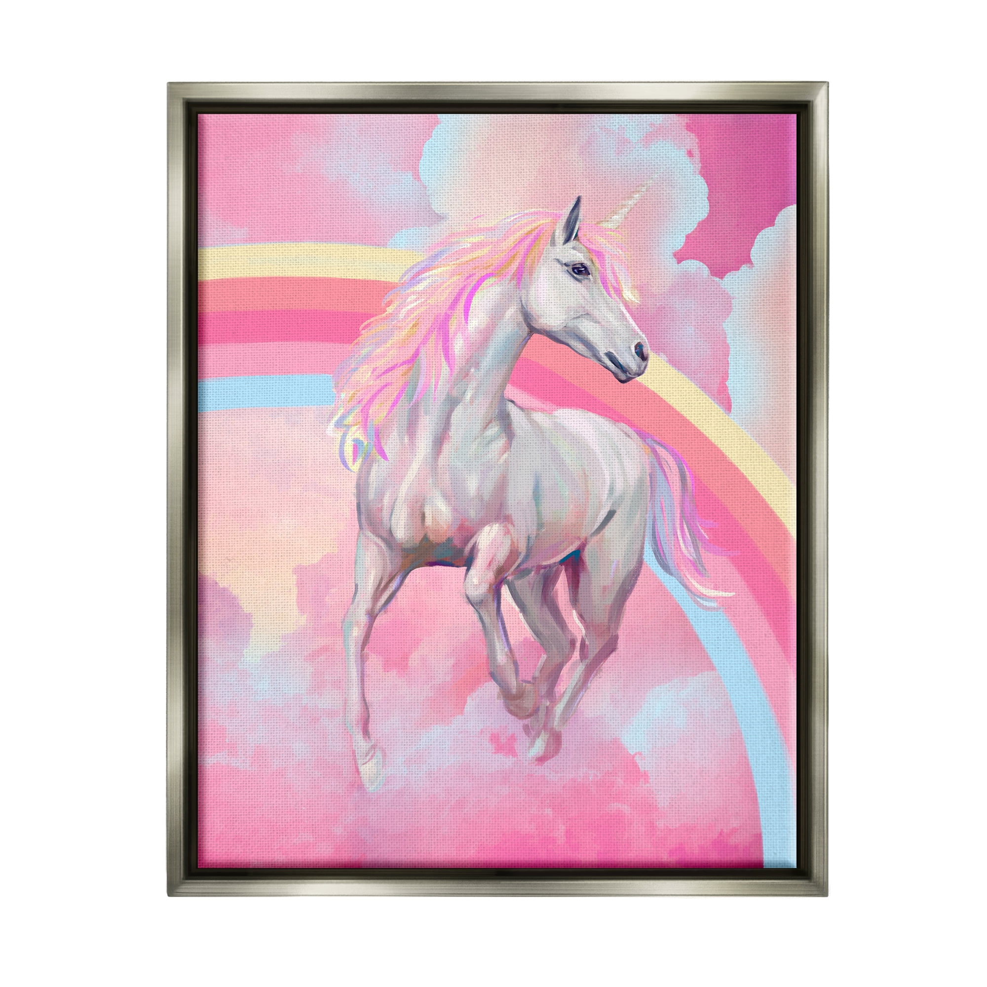 Stupell Industries Pink Unicorn & Clouds Fairy Tales & Fantasy Painting Gray Floater Framed Canvas Art Print Wall Art, 17 x 21
