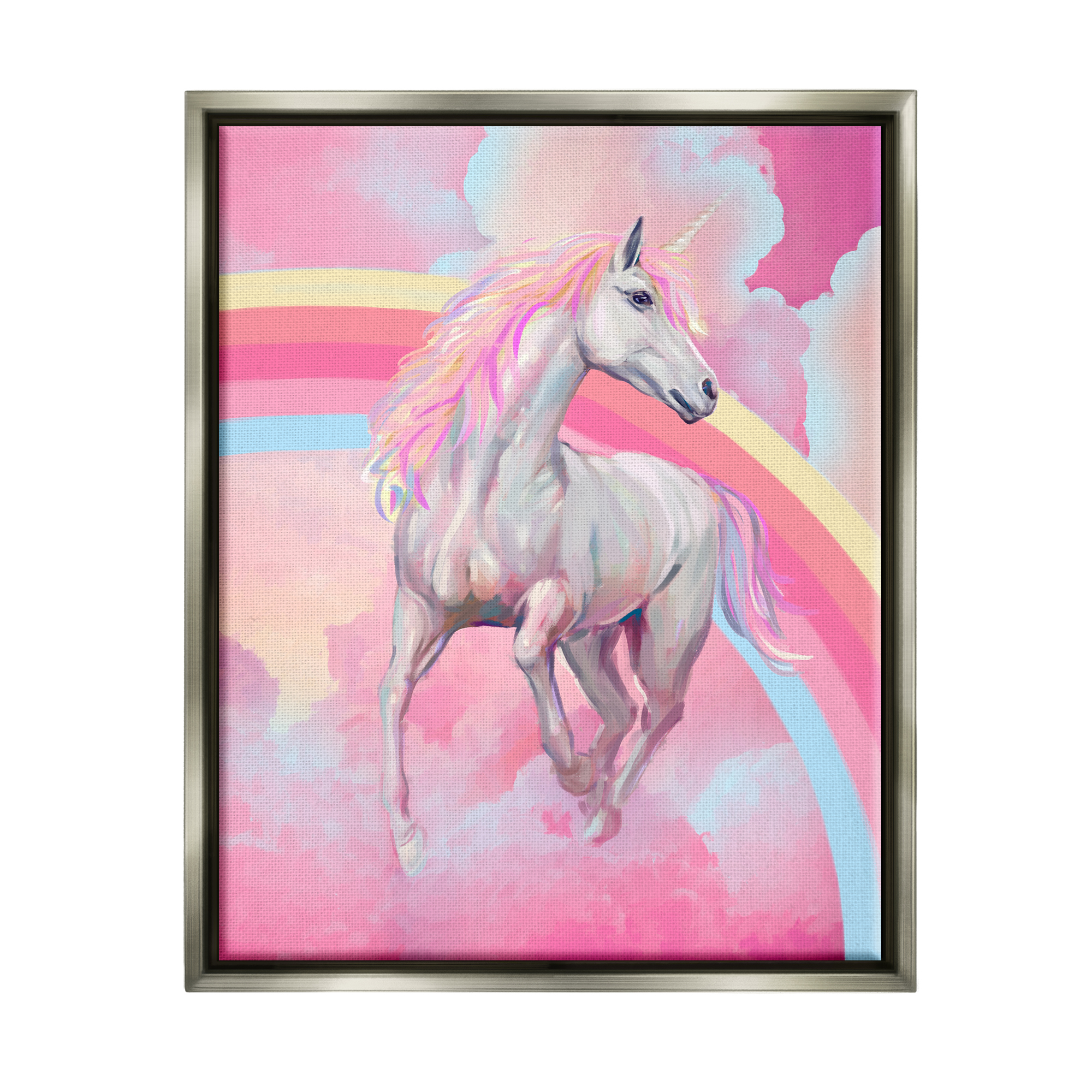 Stupell Industries Pink Unicorn & Clouds Fairy Tales & Fantasy Painting Gray Floater Framed Canvas Art Print Wall Art, 25 x 31
