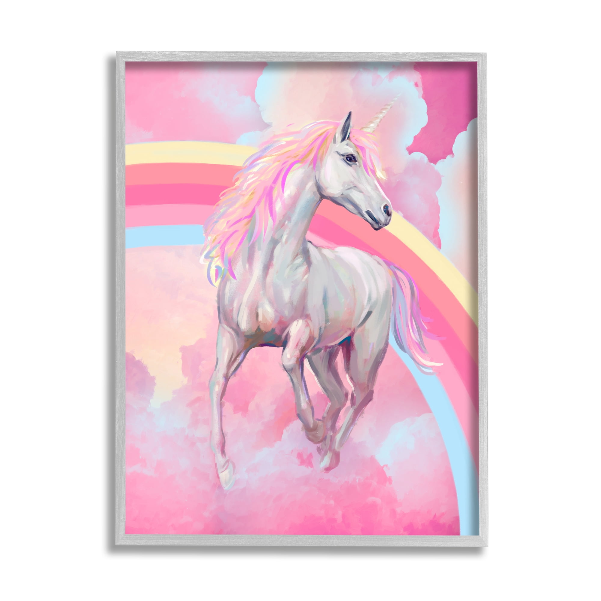 Stupell Industries Pink Unicorn & Clouds Fairy Tales & Fantasy Painting Gray Framed Art Print Wall Art, 24 x 30