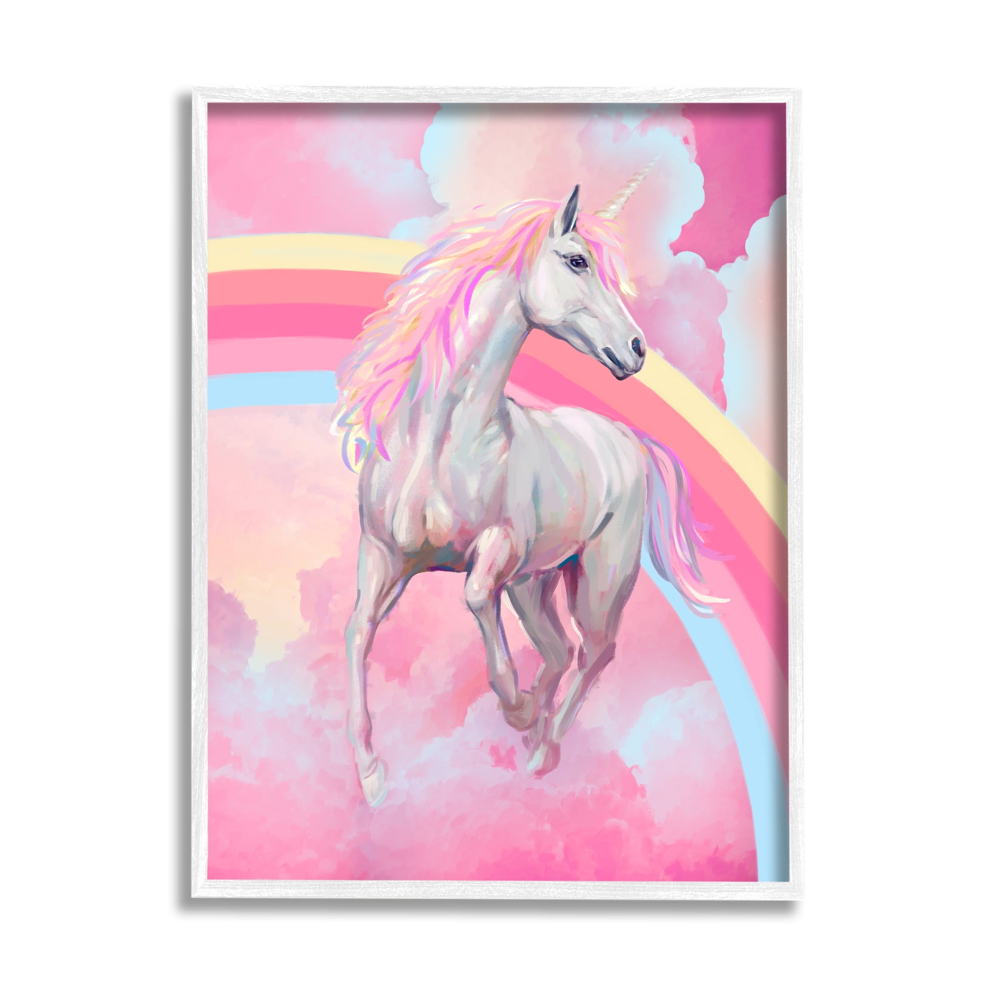 Stupell Industries Pink Unicorn & Clouds Fairy Tales & Fantasy Painting White Framed Art Print Wall Art, 24 x 30