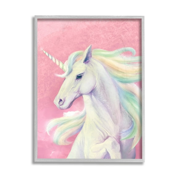 Stupell Industries Pink Unicorn Portrait Playful Rainbow Hair Gray Framed by Ziwei Li