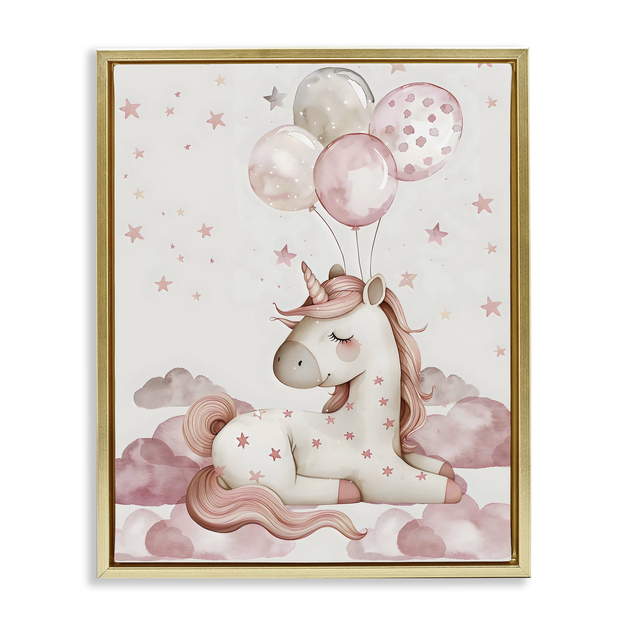 Stupell Industries Pink Unicorn with Balloons Gold Framed Floater Canvas Wall Art, design by LSR Design Studio