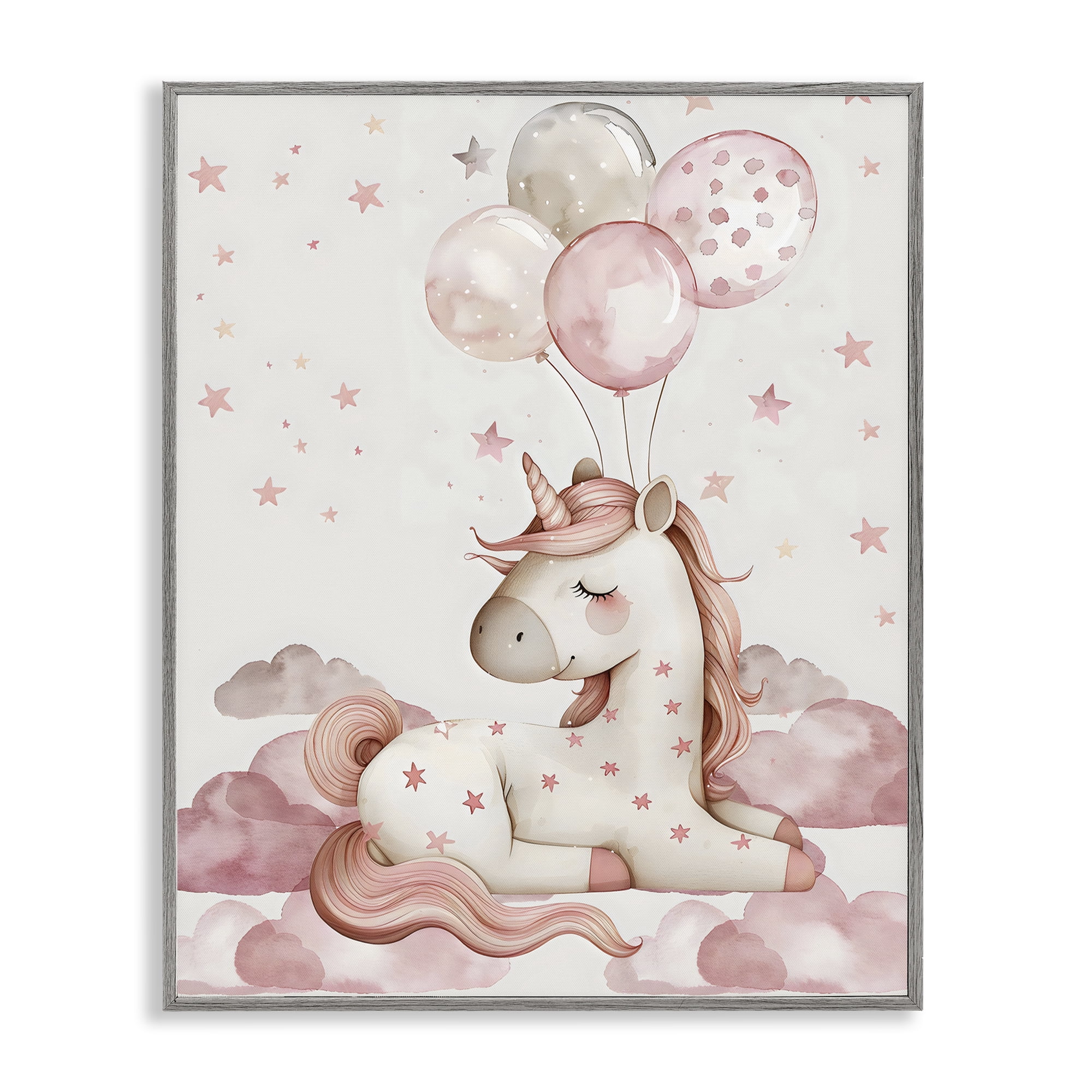 Stupell Industries Pink Unicorn with Balloons Gray Framed Giclee Art, design by LSR Design Studio