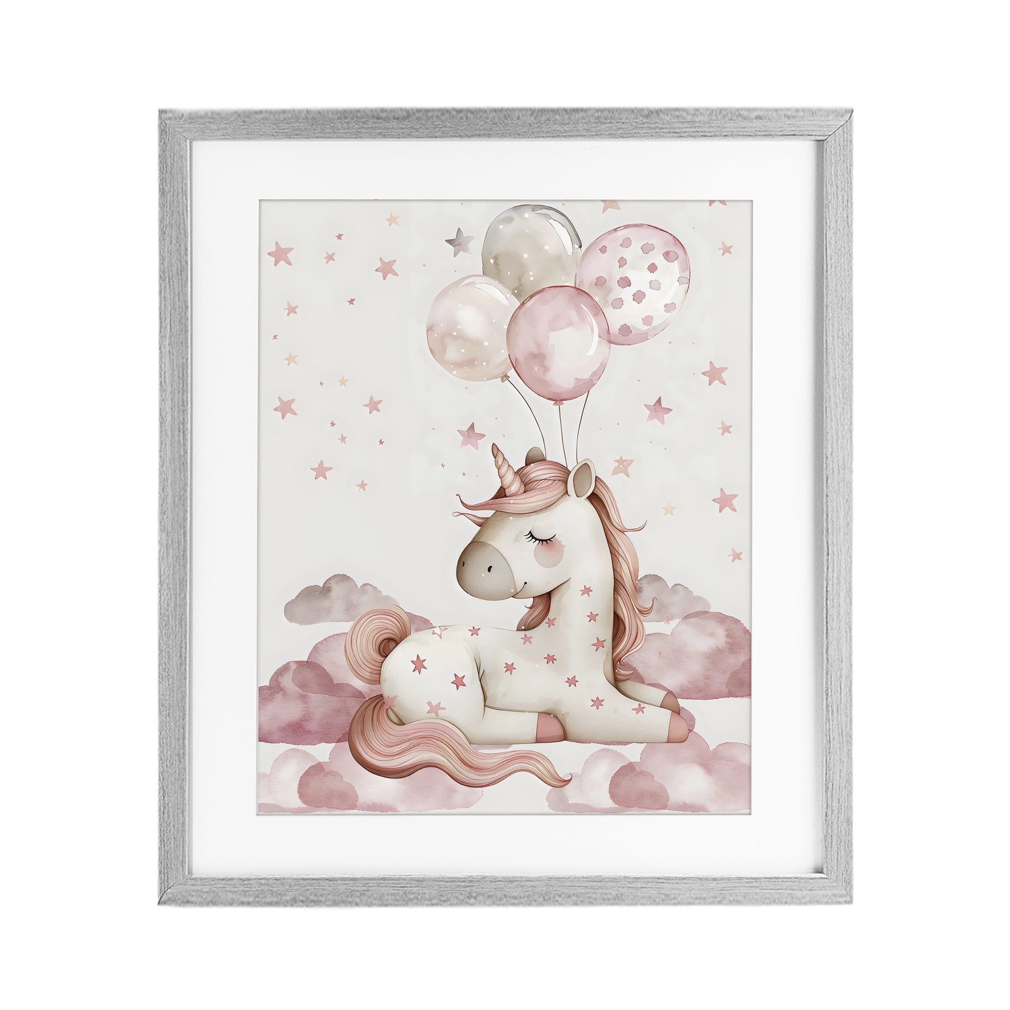 Stupell Industries Pink Unicorn with Balloons Gray Framed Print Under Glass, design by LSR Design Studio