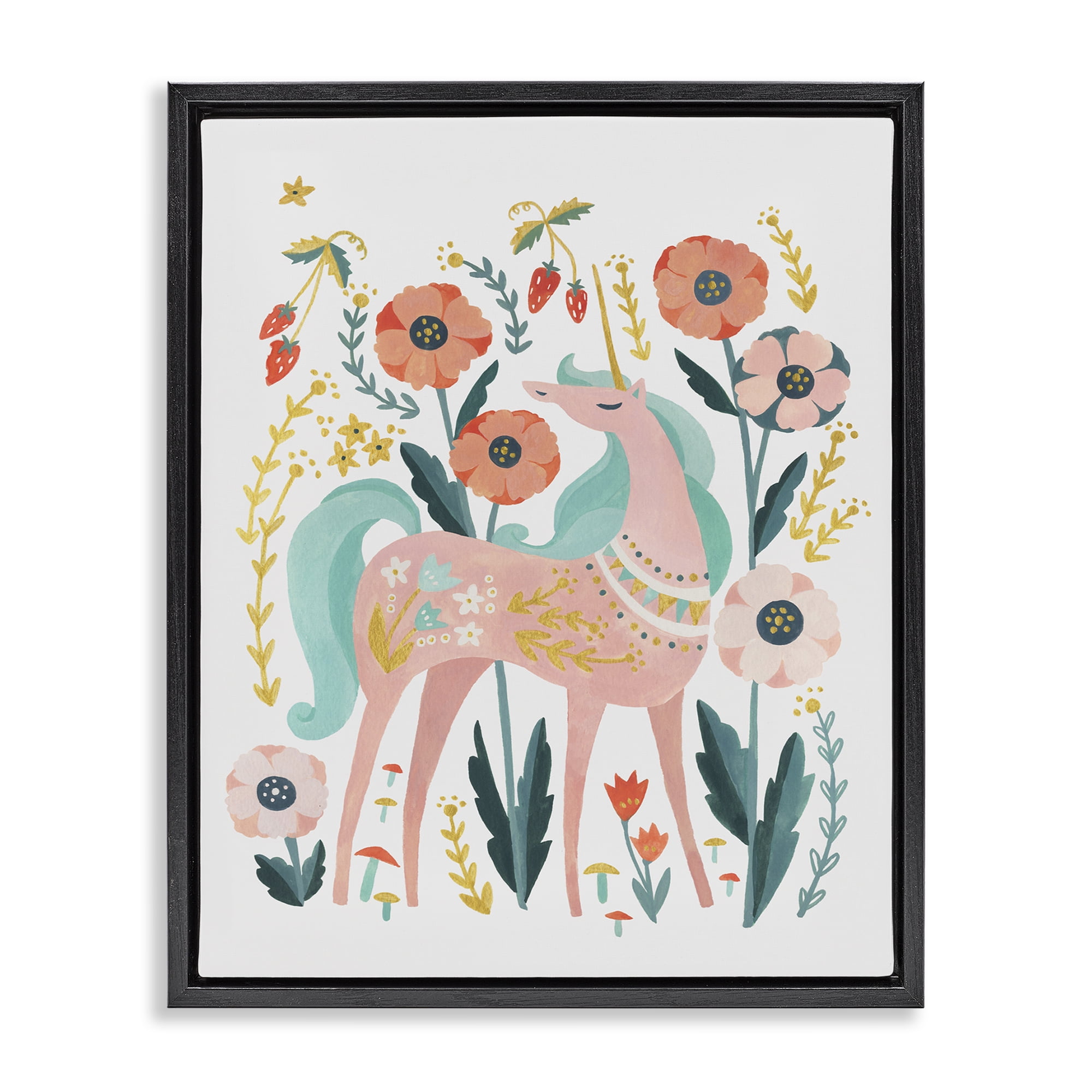 Stupell Industries Pink Unicorn with Florals Fantasy & Sci-Fi Painting Black Floater Framed Canvas Art Print Wall Art, 25 x 31