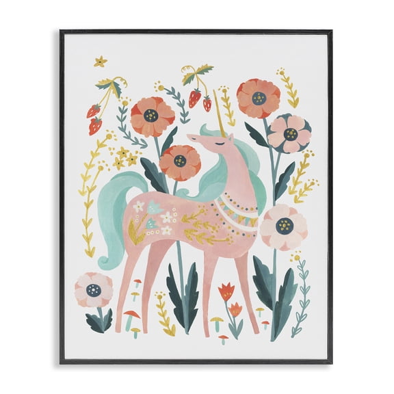 Stupell Industries Pink Unicorn with Florals Fantasy & Sci-Fi Painting Black Framed Art Print Wall Art, 16 x 20