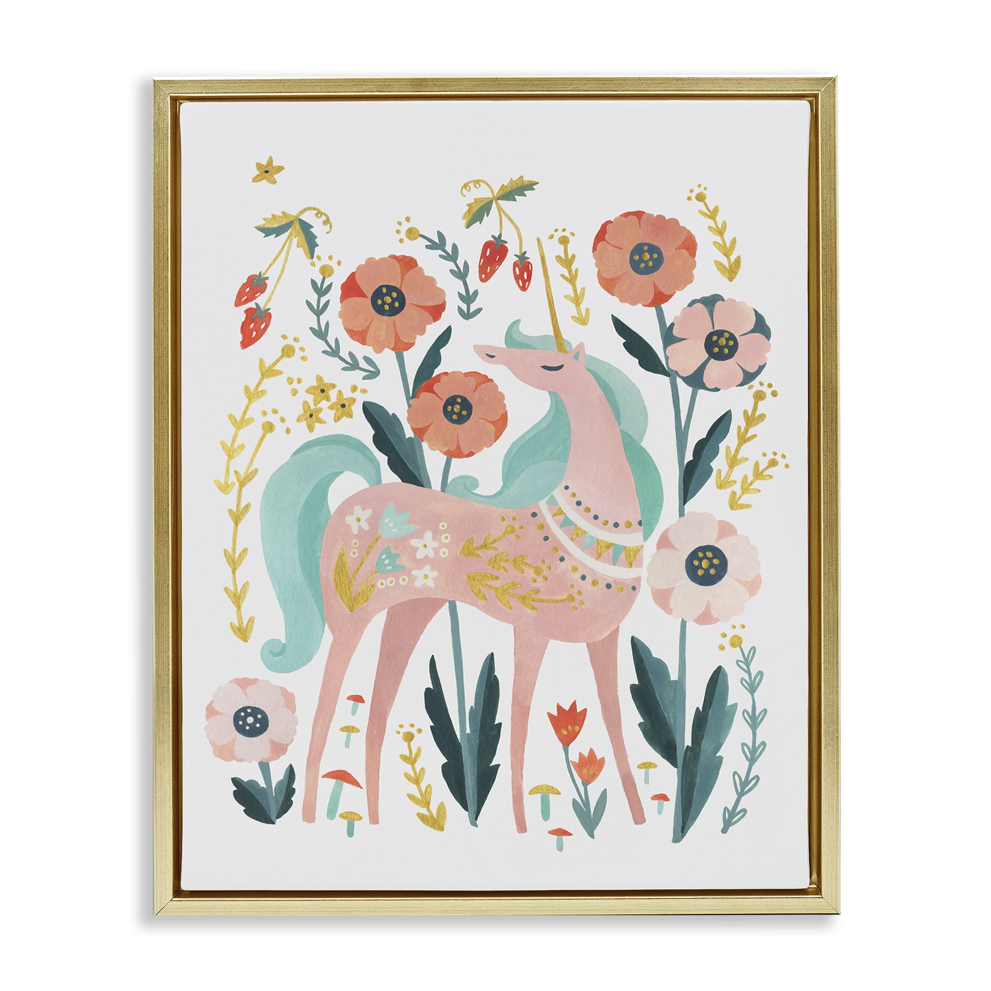 Stupell Industries Pink Unicorn with Florals Fantasy & Sci-Fi Painting Gold Floater Framed Canvas Art Print Wall Art, 17 x 21