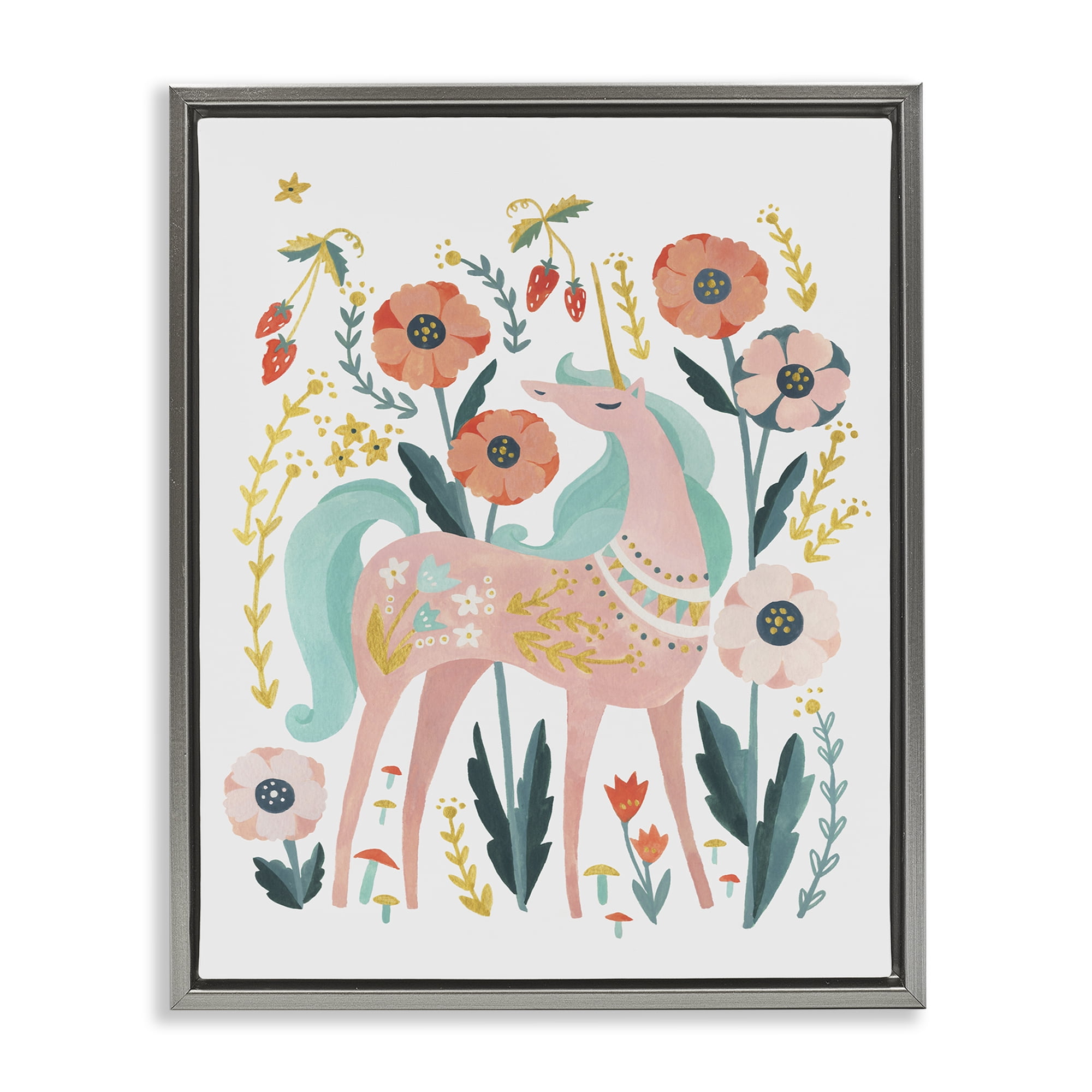 Stupell Industries Pink Unicorn with Florals Fantasy & Sci-Fi Painting Gray Floater Framed Canvas Art Print Wall Art, 25 x 31