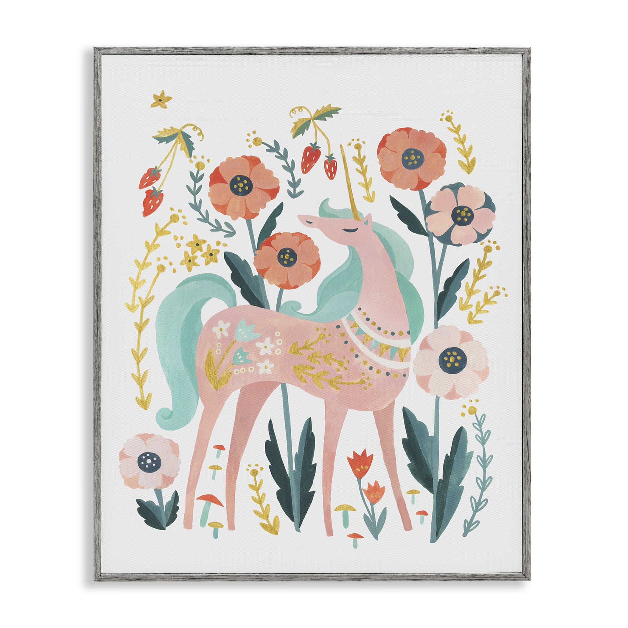 Stupell Industries Pink Unicorn with Florals Fantasy & Sci-Fi Painting Gray Framed Art Print Wall Art, 11 x 14
