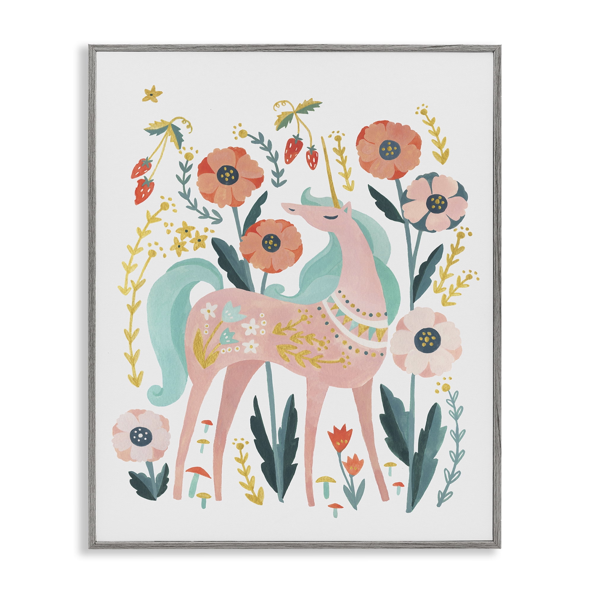 Stupell Industries Pink Unicorn with Florals Fantasy & Sci-Fi Painting Gray Framed Art Print Wall Art, 24 x 30