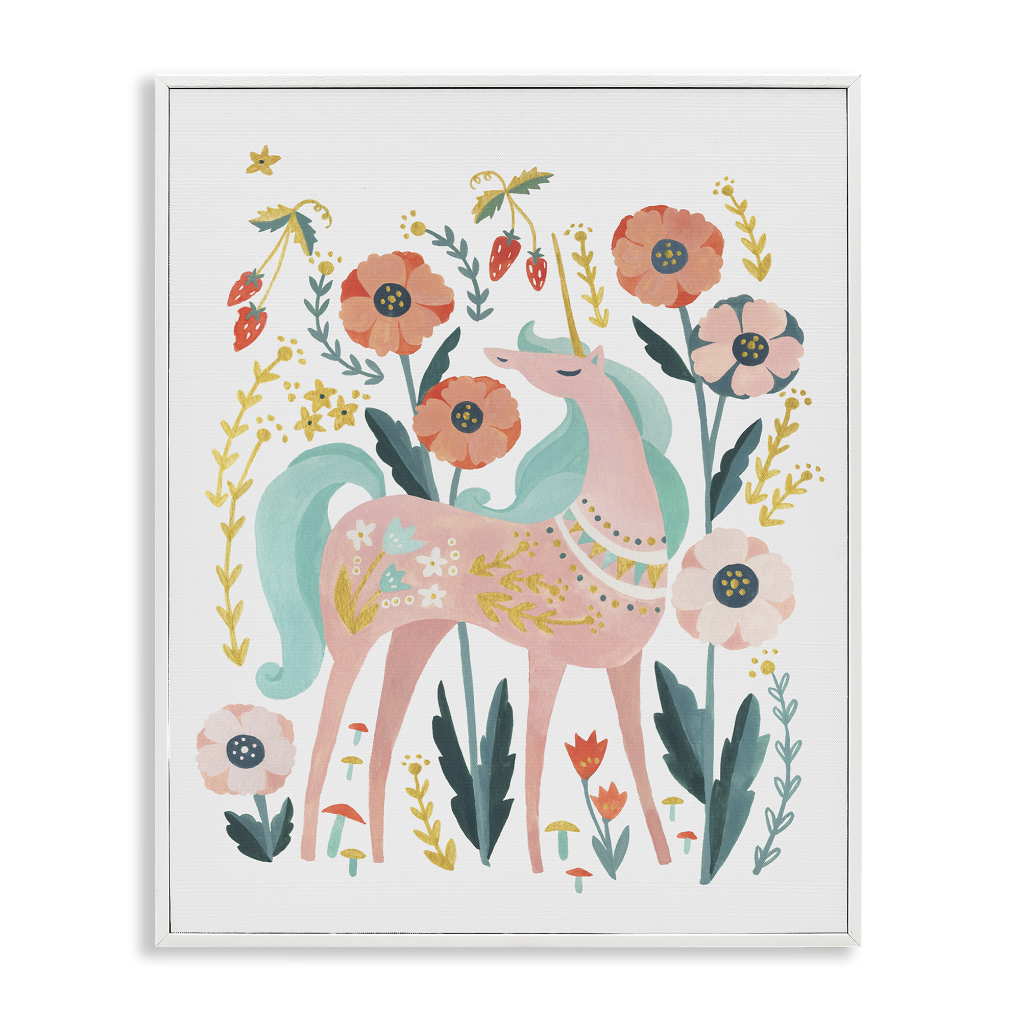 Stupell Industries Pink Unicorn with Florals Fantasy & Sci-Fi Painting White Framed Art Print Wall Art, 24 x 30