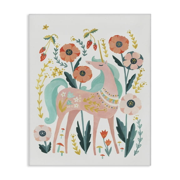 Stupell Industries Pink Unicorn with Florals Fantasy & Sci-Fi Painting Wrapped Canvas Art Print Wall Art, 16 x 20