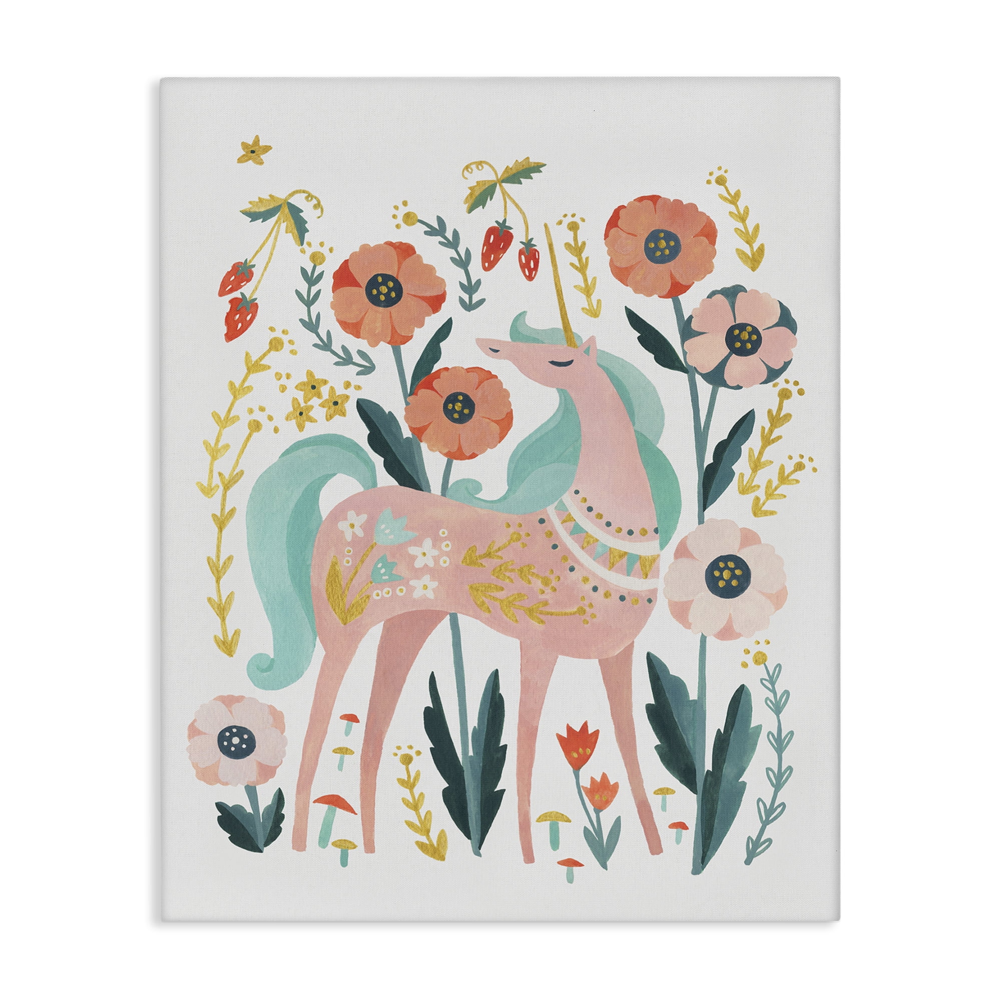 Stupell Industries Pink Unicorn with Florals Fantasy & Sci-Fi Painting Wrapped Canvas Art Print Wall Art, 36 x 48