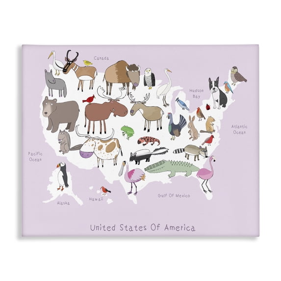 Stupell Industries Contemporary Pink United States Map of Wild Animals Canvas Art, 30 x 24, by Carla Daly