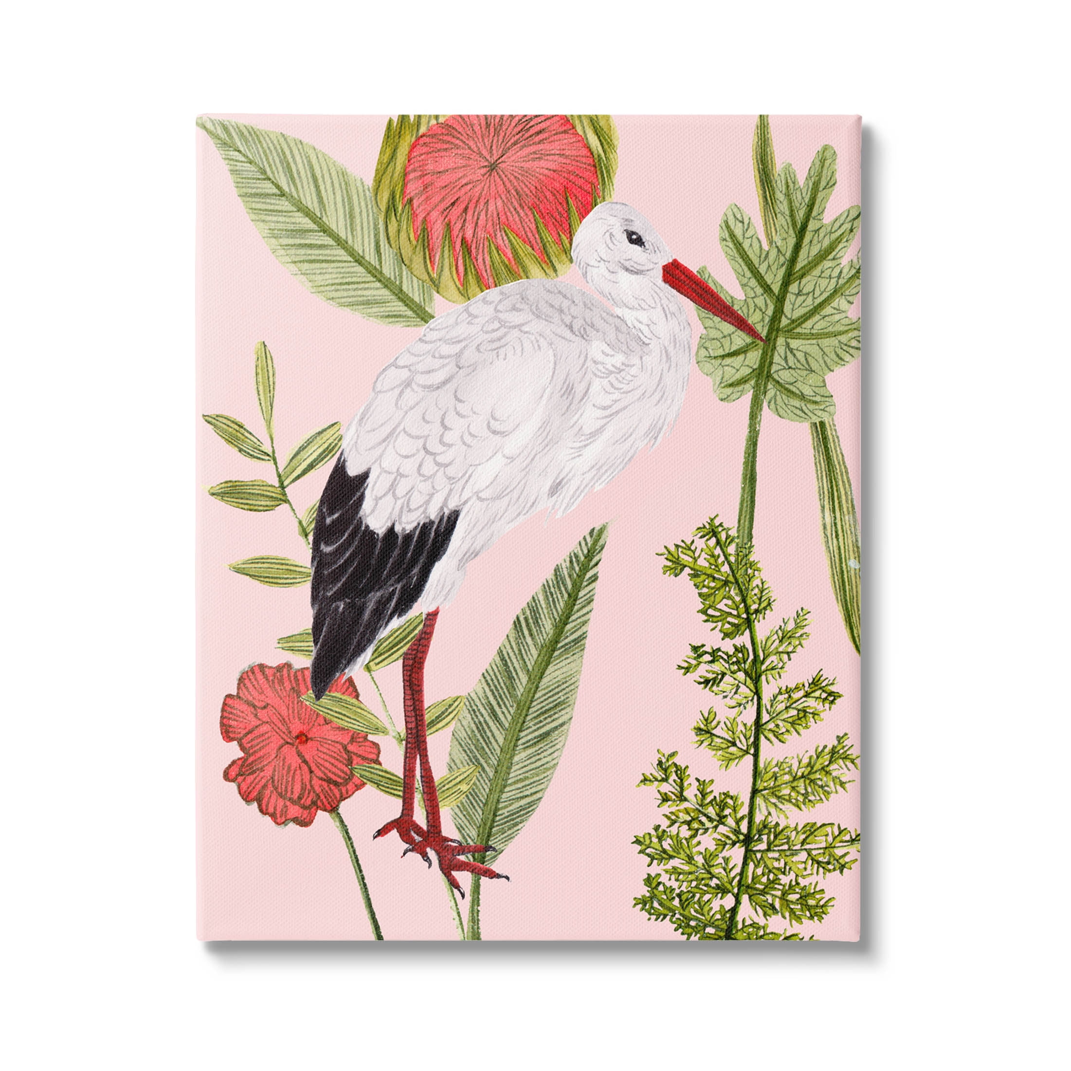 Pink Botanical Bird Canvas Art with Wooden Frame, 40" x 30"