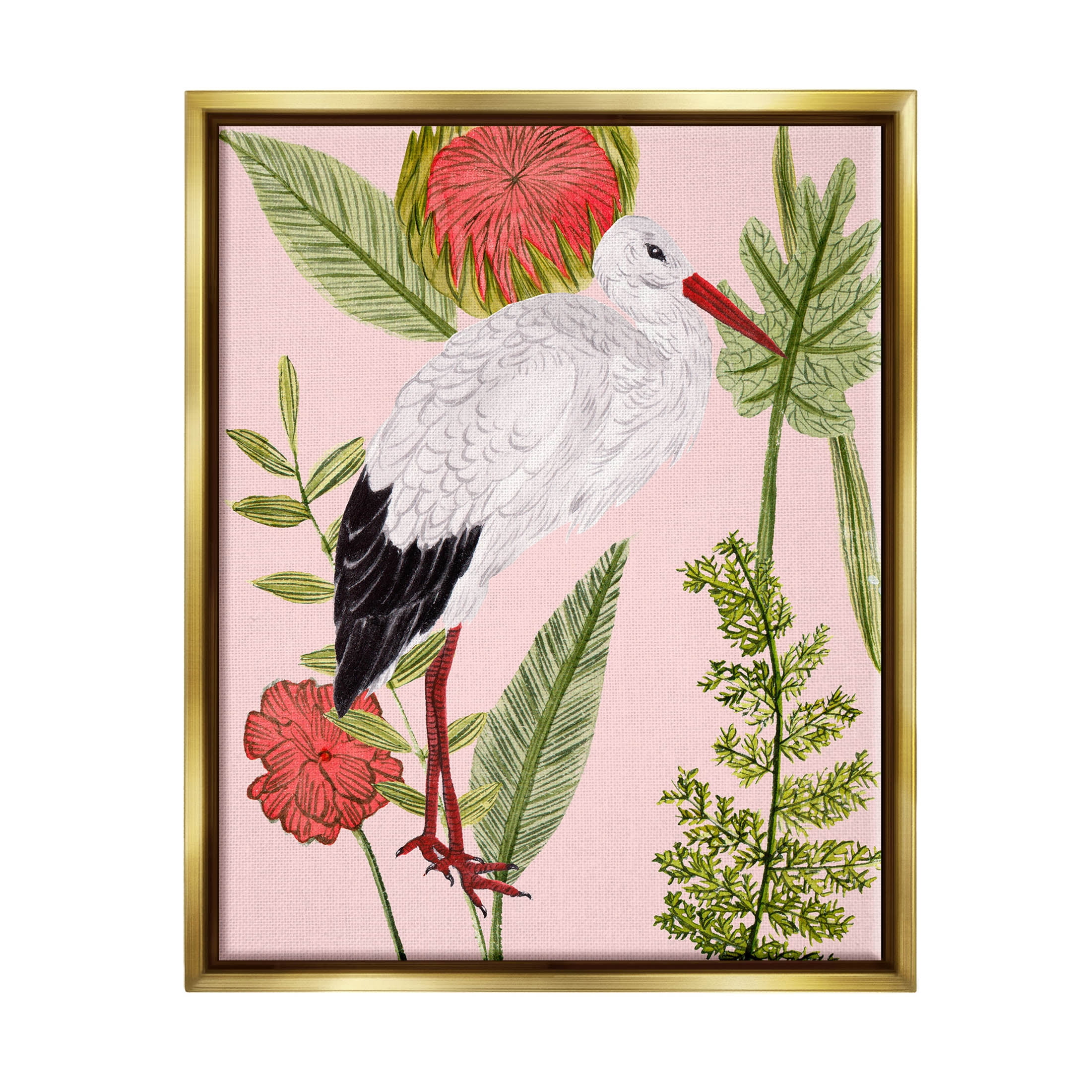 Stupell Industries Pink Varied Botanical Bird Graphic Art Metallic Gold Floating Framed Canvas Print Wall Art, Design by Melissa Wang