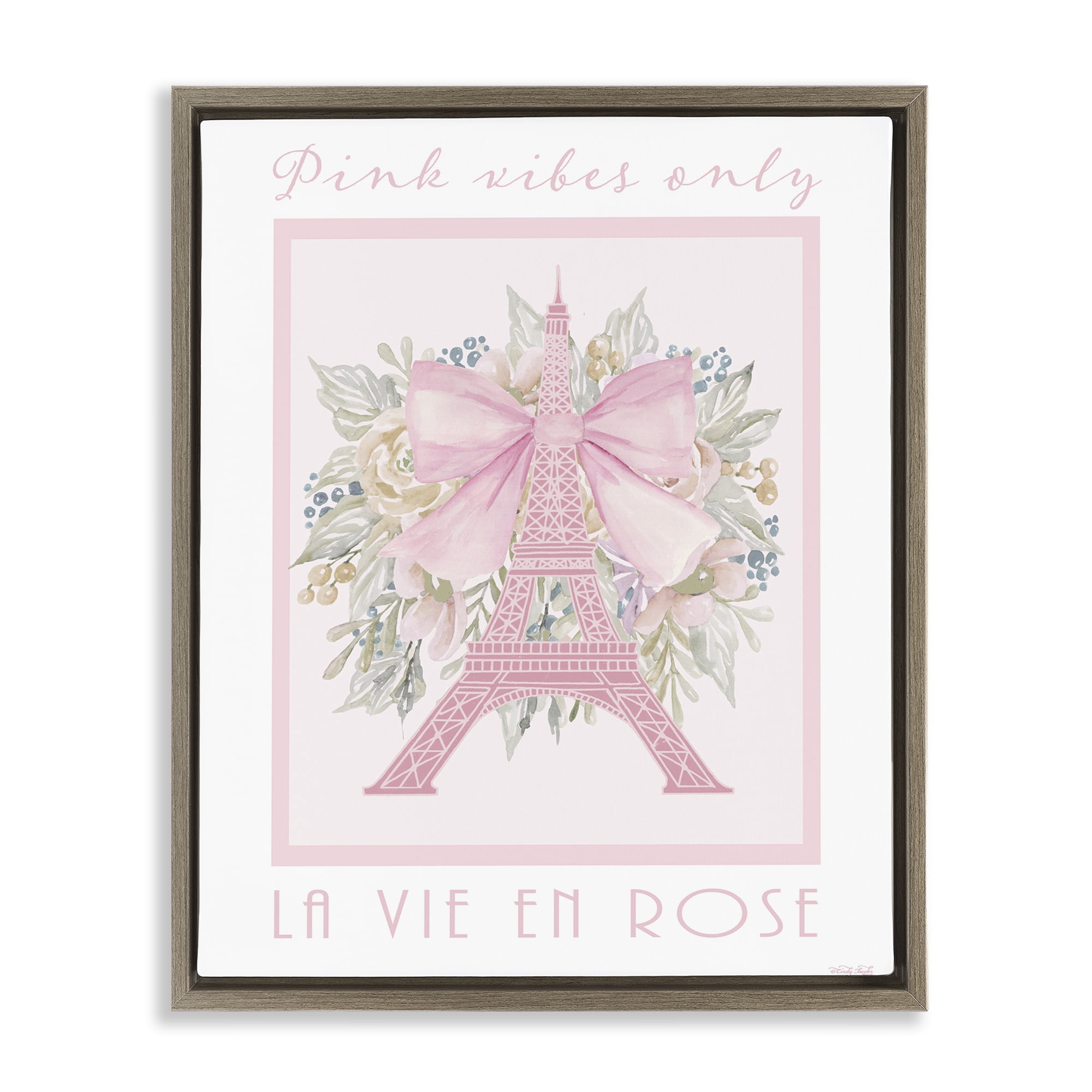 Stupell Industries Pink Vibes Only Paris Brown Framed Floater Canvas Wall Art, design by Cindy Jacobs