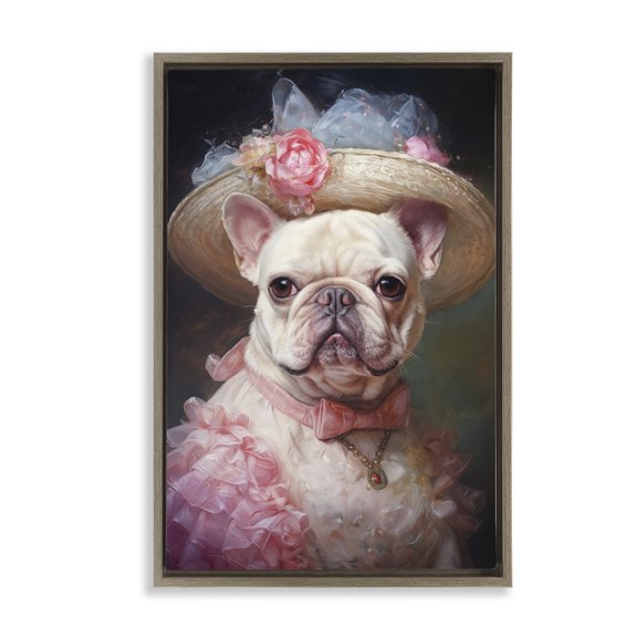 Stupell Industries Pink Victorian Frenchie Brown Framed Floater Canvas Wall Art design by Wumples, 31 x 21