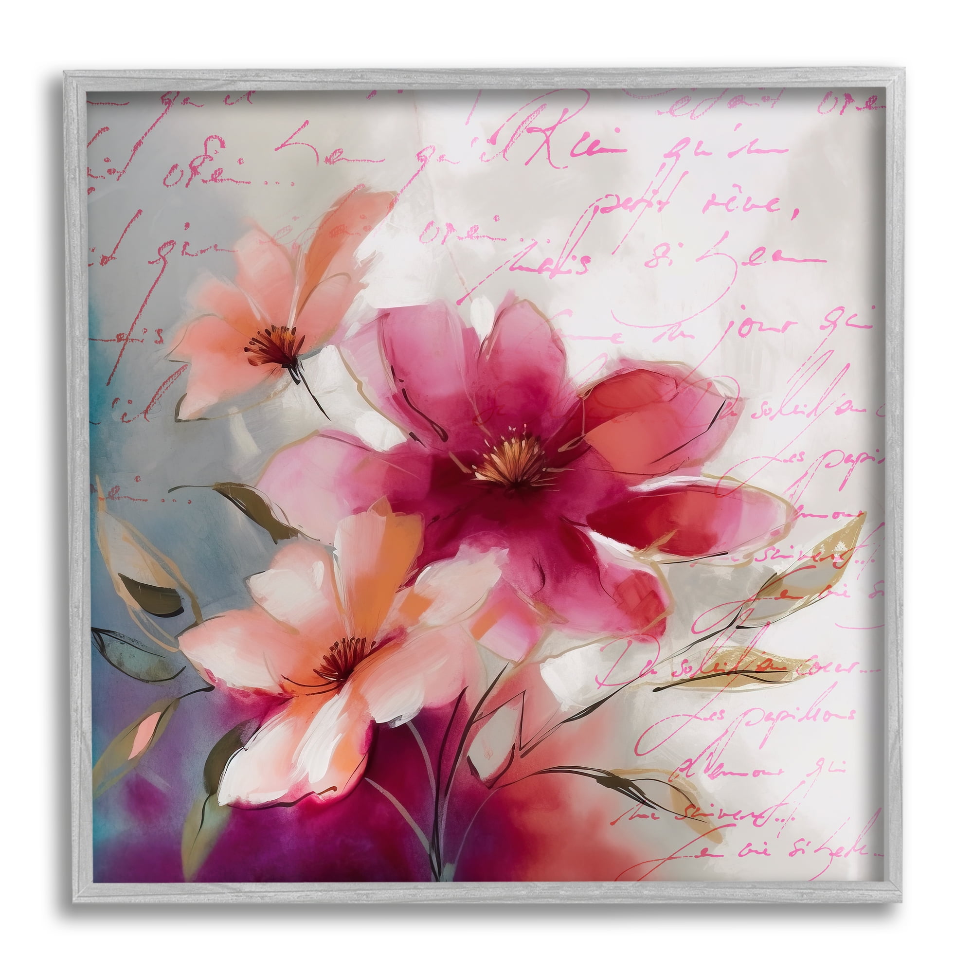 Stupell Industries Pink Vintage Florals Botanical & Floral Painting Gray Framed Art Print Wall Art, 24 x 24