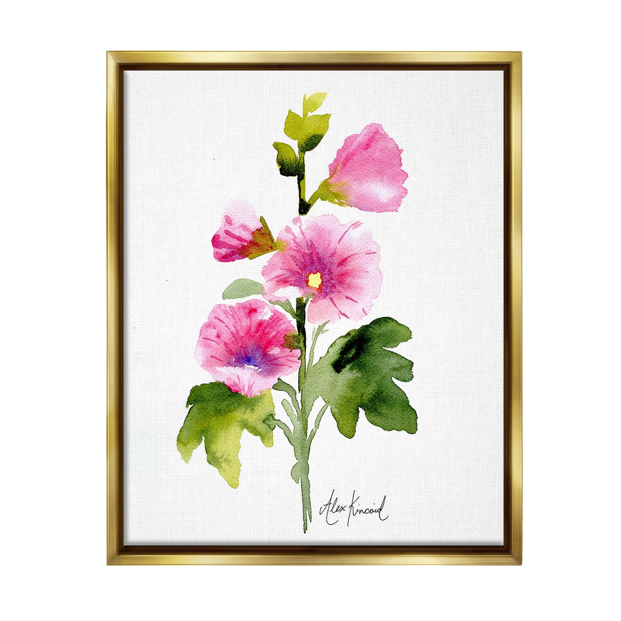 Stupell Industries Pink Watercolor Blossoms Botanical & Floral Painting Gold Floater Framed Canvas Art Print Wall Art, 17 x 21