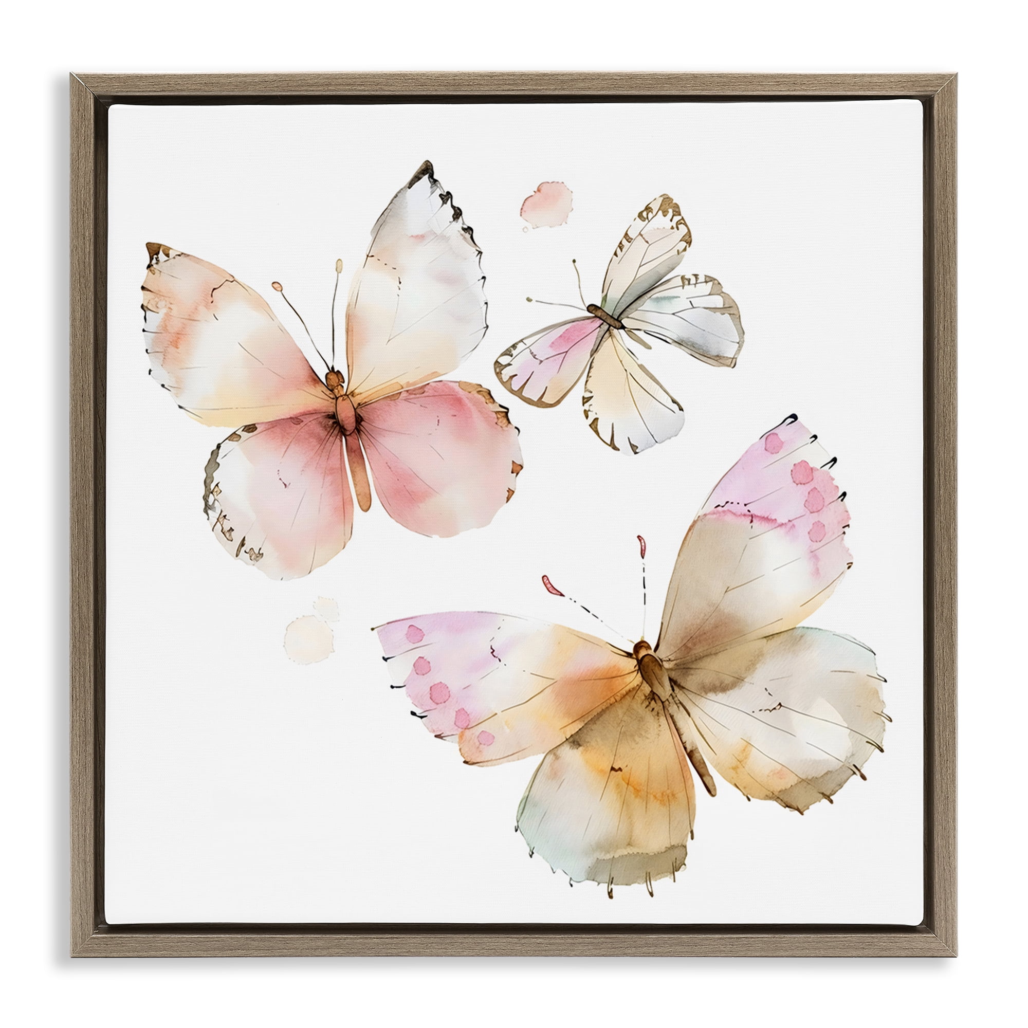 Stupell Industries Pink Watercolor Butterfly Trio Brown Framed Floater Canvas Wall Art, design by Creative Studio
