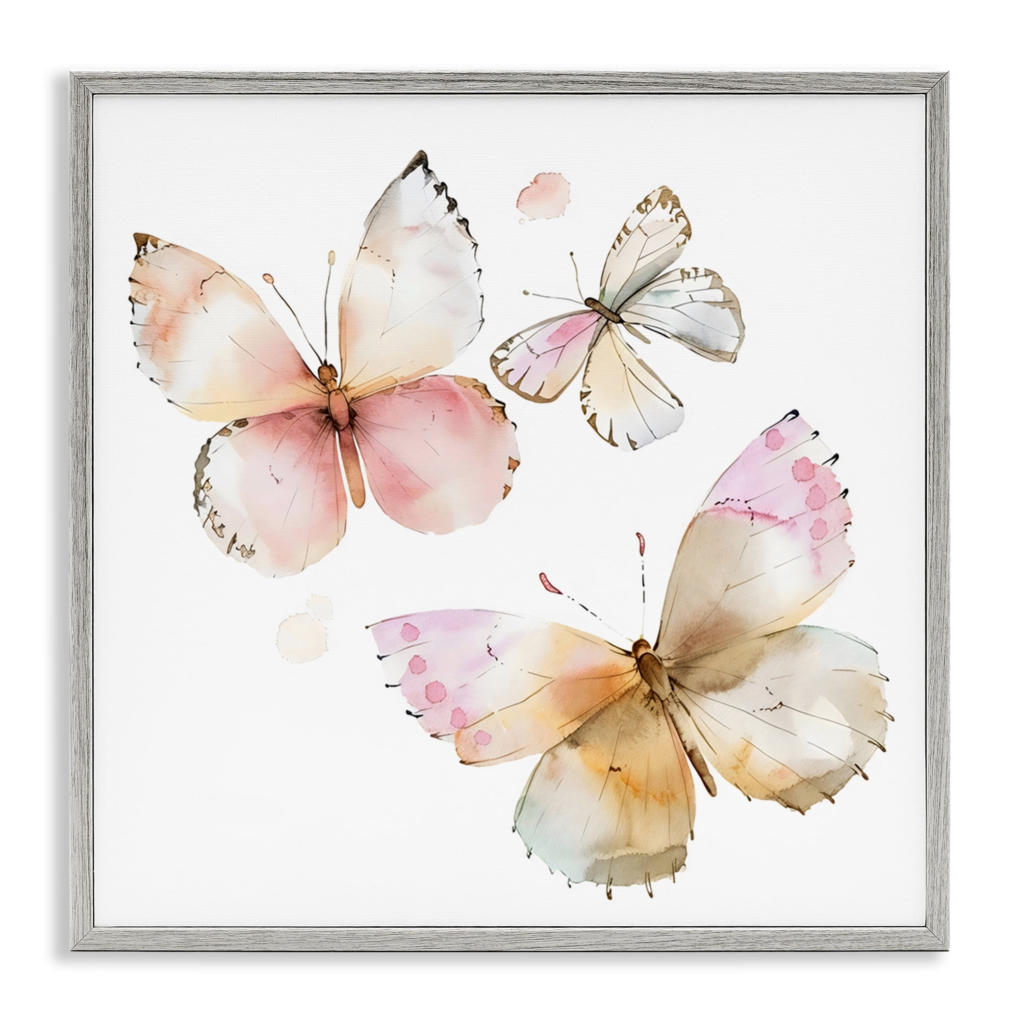 Stupell Industries Pink Watercolor Butterfly Trio Gray Framed Giclee Art, design by Creative Studio
