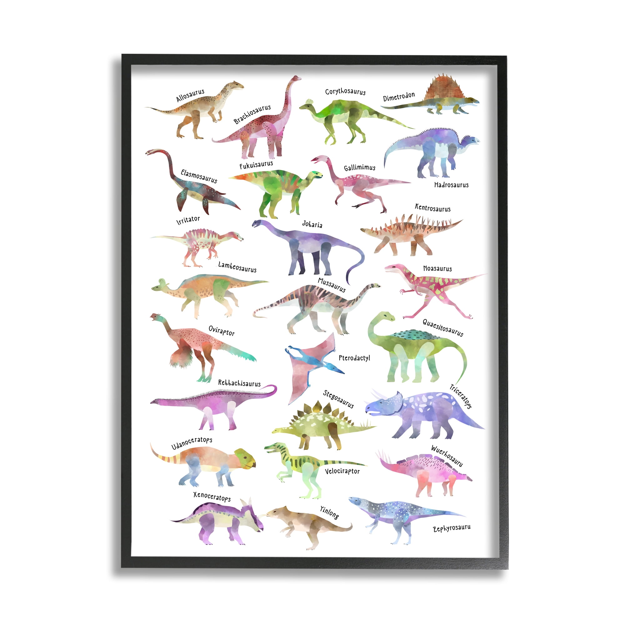 Stupell Industries Pink Watercolor Dinosaur Chart Whimsical Reptiles Black Framed by Ziwei Li