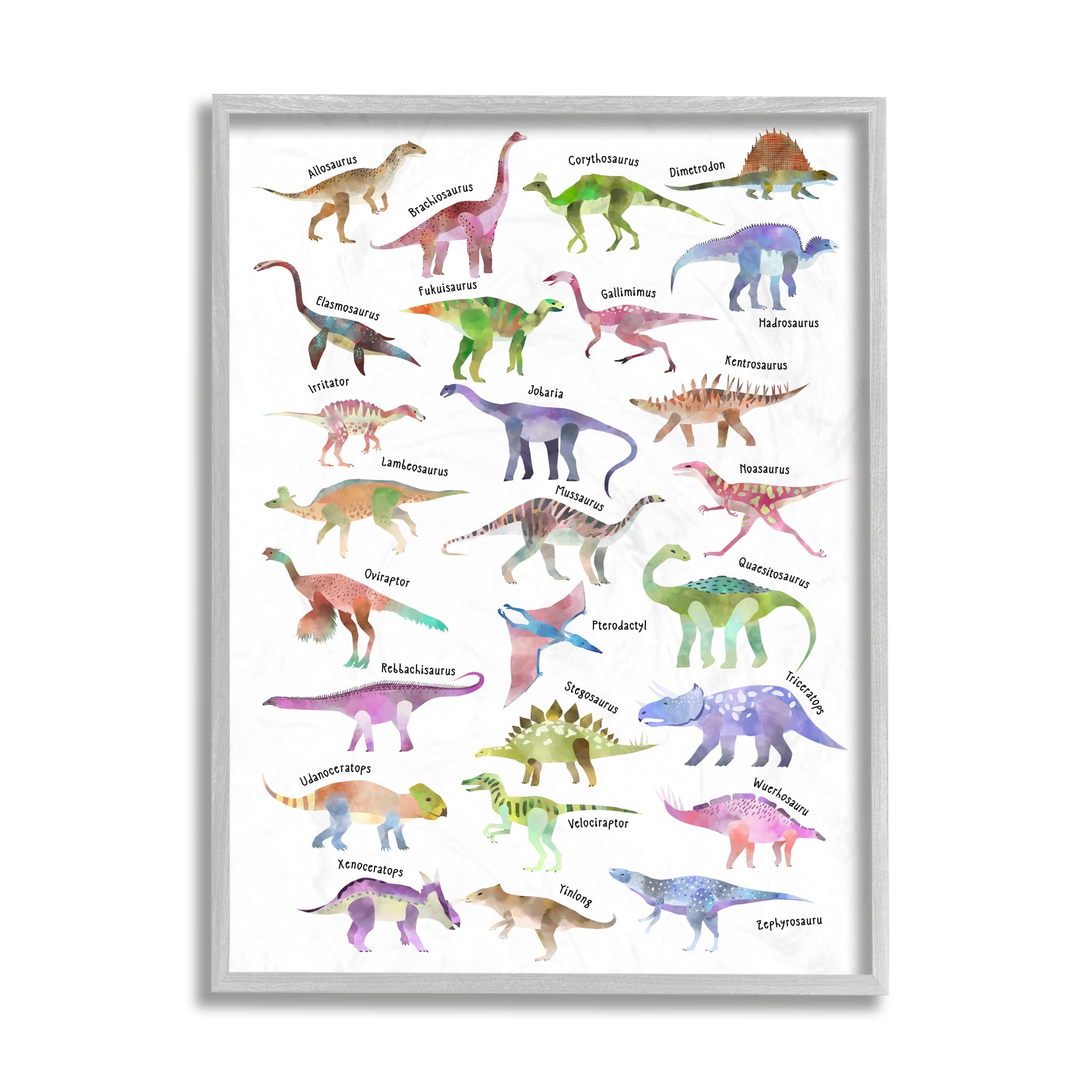 Stupell Industries Pink Watercolor Dinosaur Chart Whimsical Reptiles Gray Framed by Ziwei Li
